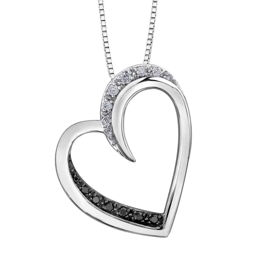 10K White Gold (0.09ct) Diamond and Black Diamond Heart Pendant
