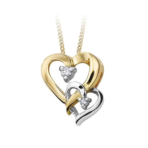 10K Yellow and White Gold (0.03ct) Diamond Double Heart Pendant