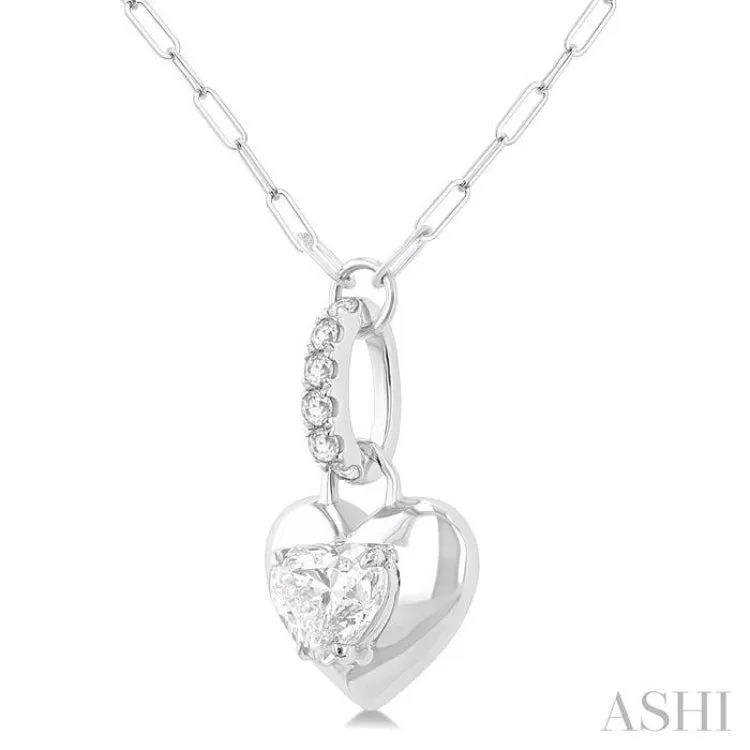 1/4 ctw Dome Heart and Round Cut Diamond Fashion Pendant With Paper Clip Chain in 14K White Gold