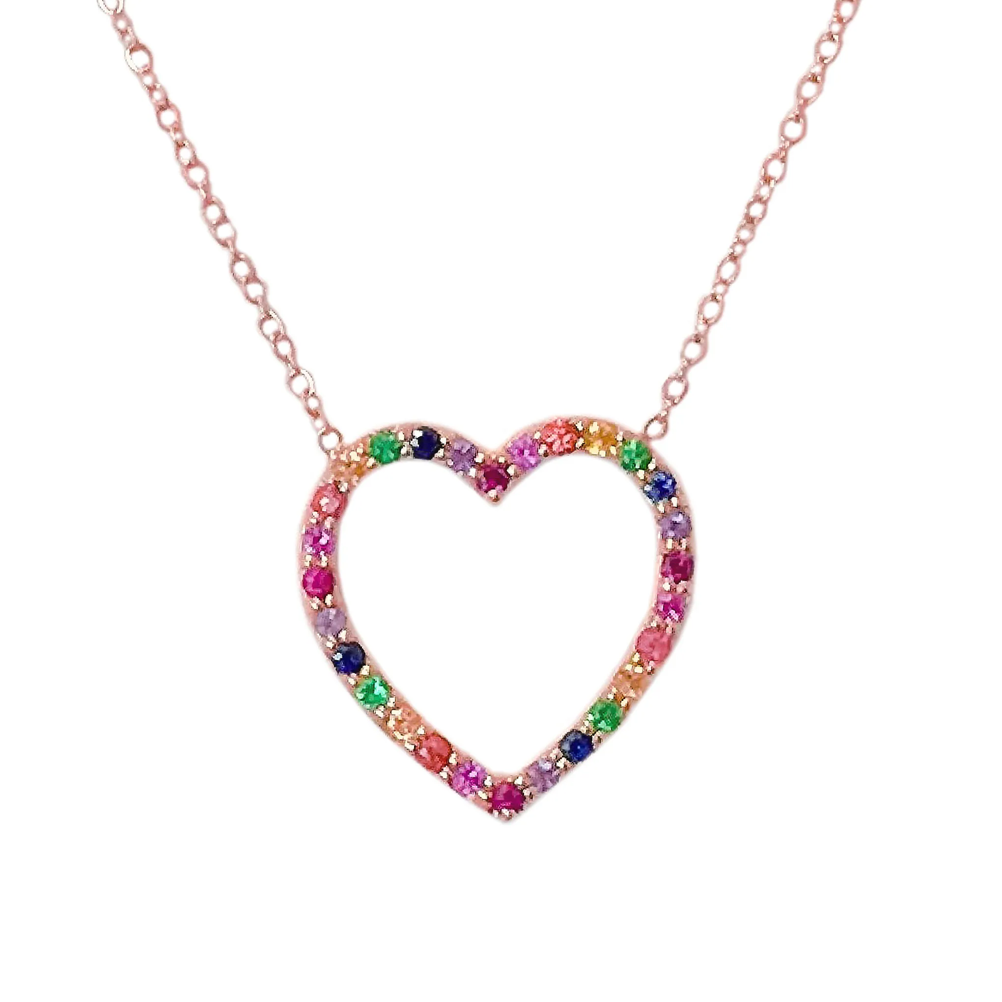 14K Gold Rainbow Gemstone Heart Shape Frame Necklace, Medium Size