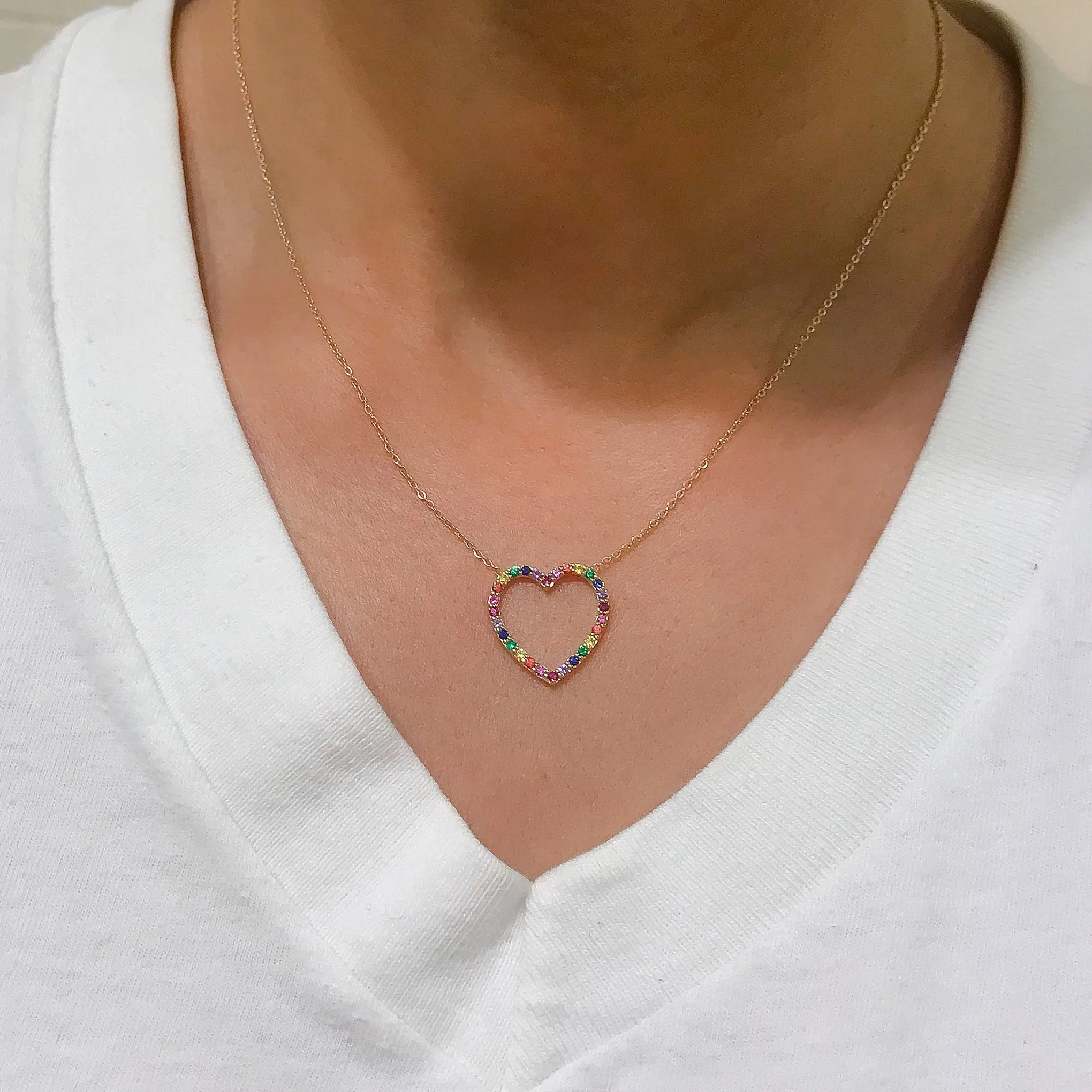14K Gold Rainbow Gemstone Heart Shape Frame Necklace, Medium Size