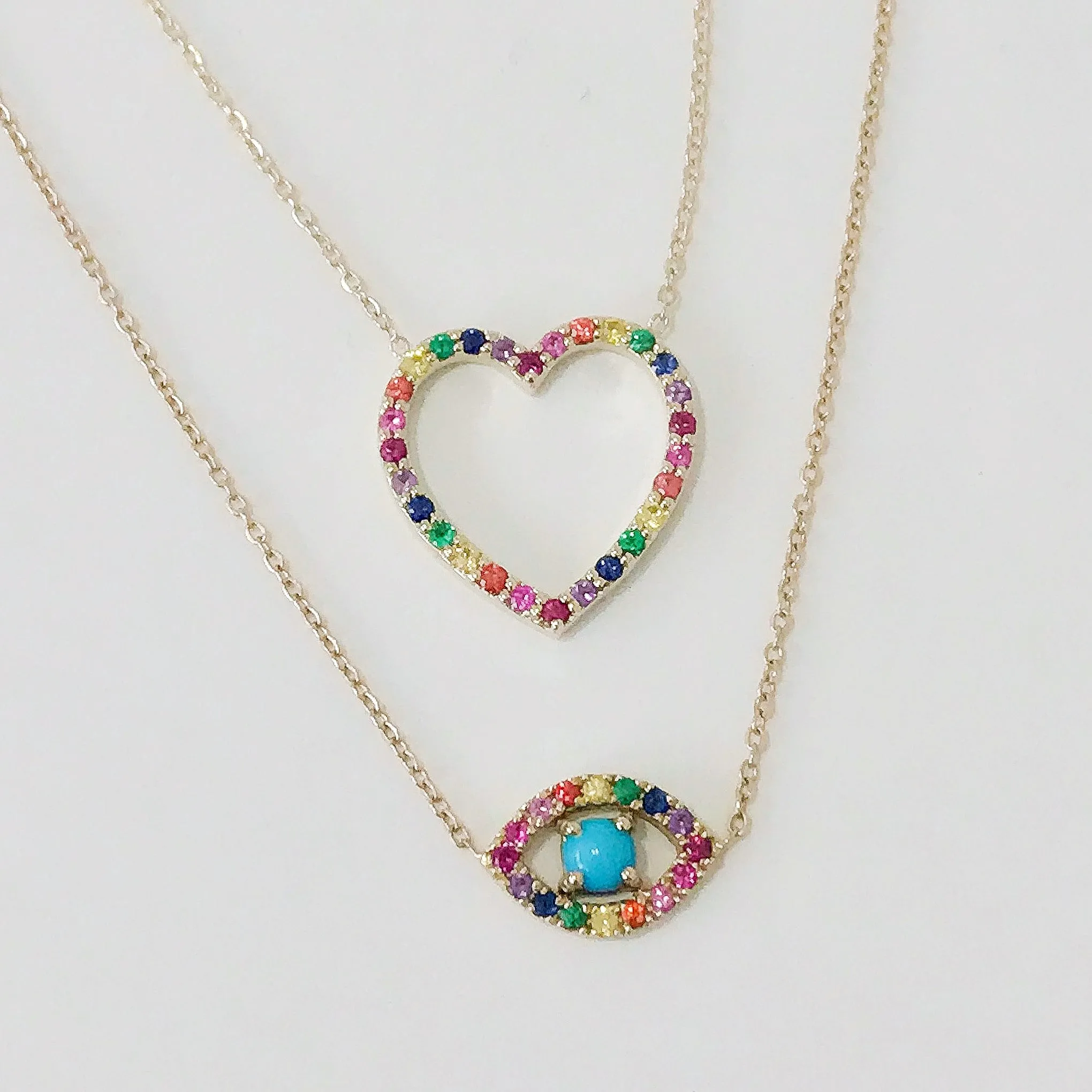 14K Gold Rainbow Gemstone Heart Shape Frame Necklace, Medium Size