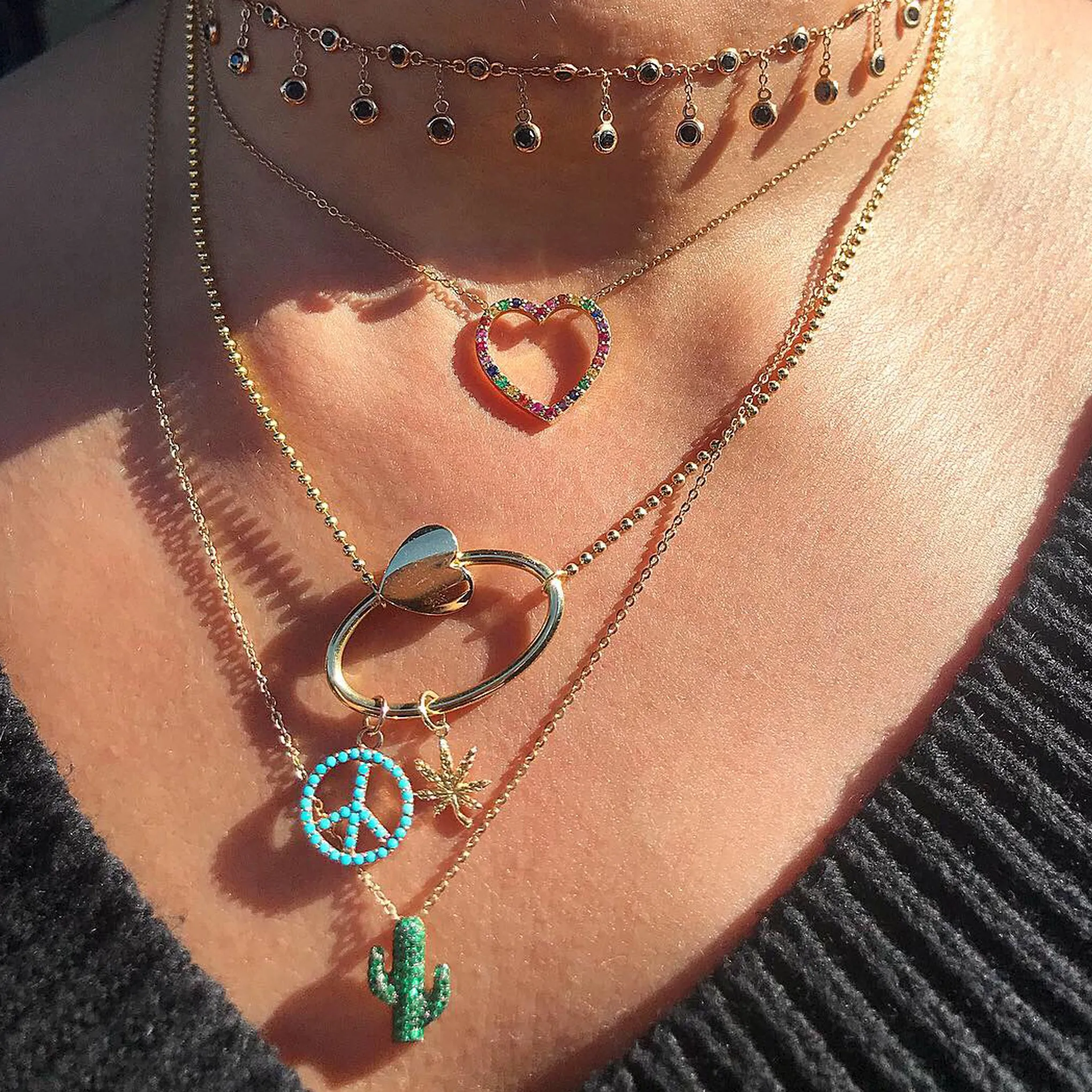 14K Gold Rainbow Gemstone Heart Shape Frame Necklace, Medium Size