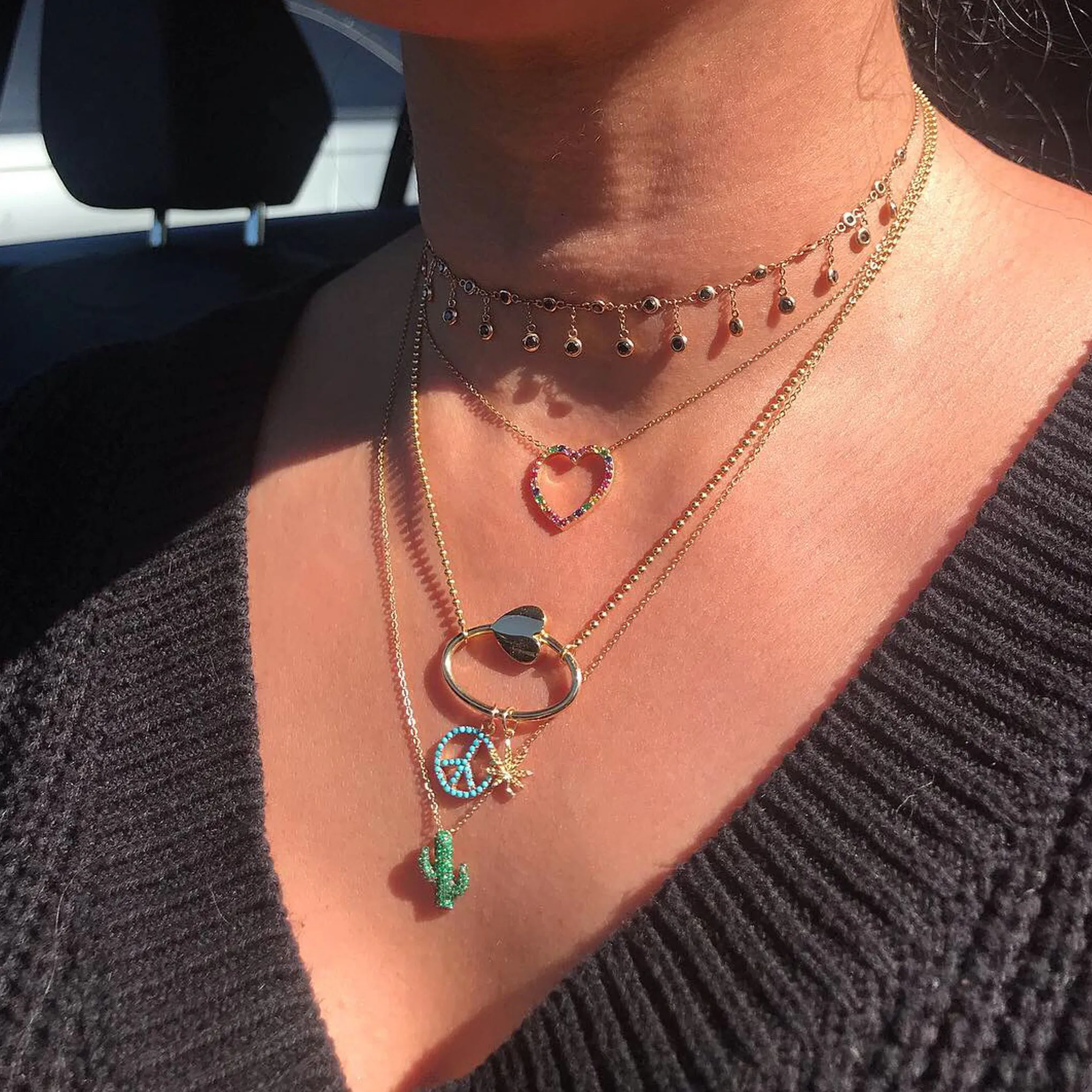14K Gold Rainbow Gemstone Heart Shape Frame Necklace, Medium Size