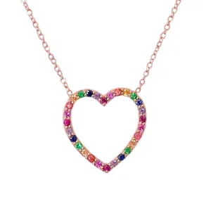 14K Gold Rainbow Gemstone Heart Shape Frame Necklace, Medium Size