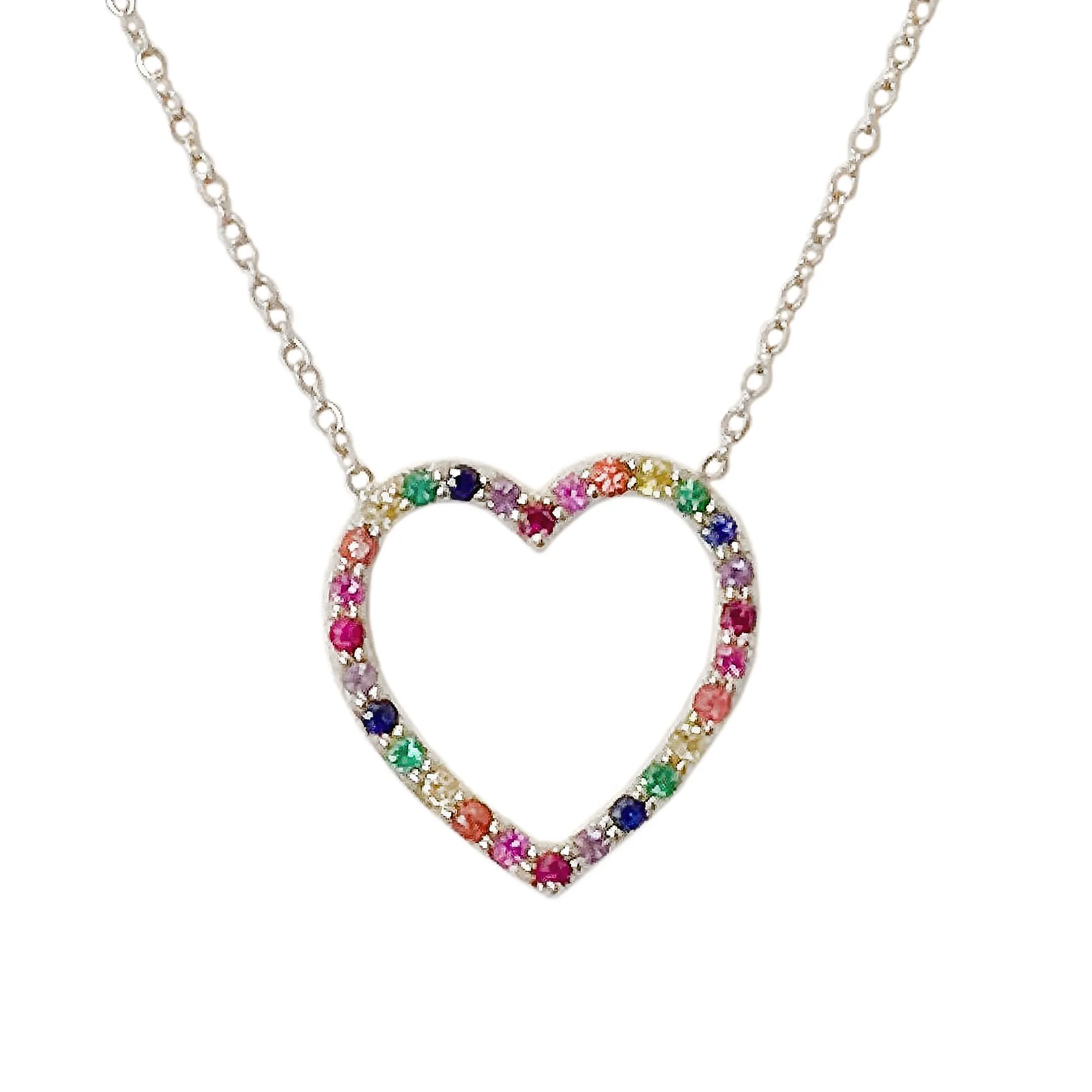 14K Gold Rainbow Gemstone Heart Shape Frame Necklace, Medium Size