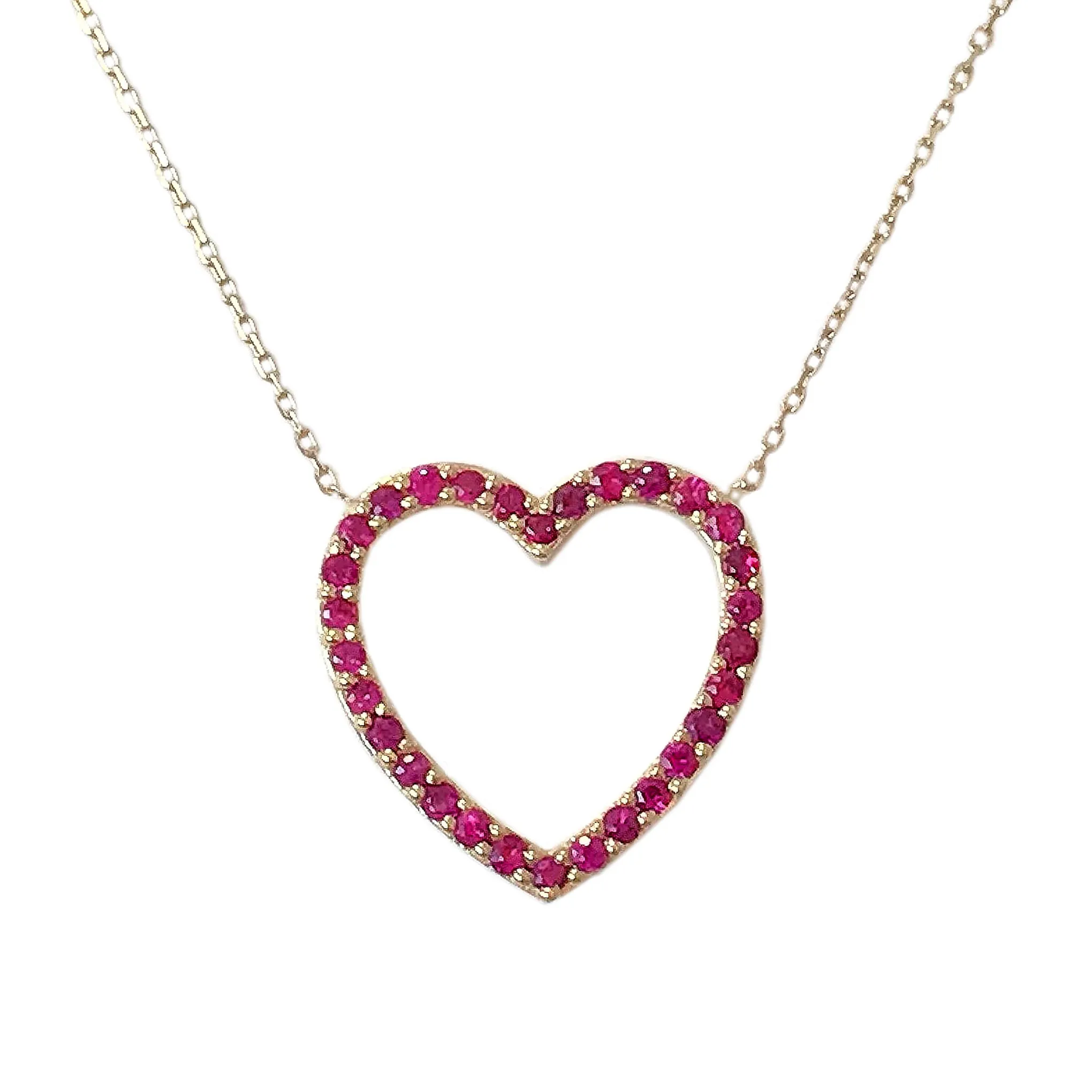 14K Gold Ruby Heart Shape Frame Necklace, Medium Size