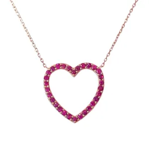 14K Gold Ruby Heart Shape Frame Necklace, Medium Size