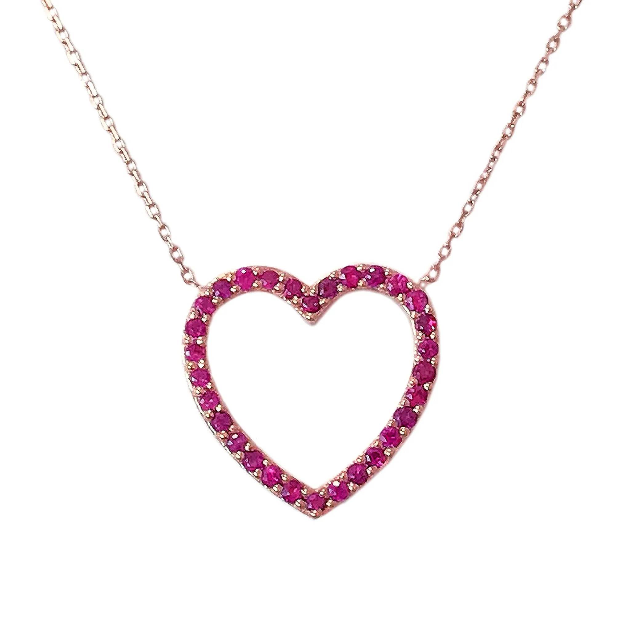 14K Gold Ruby Heart Shape Frame Necklace, Medium Size