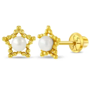 14k Gold Star & Pearl Kids / Children's / Girls Earrings Safety Screw Back