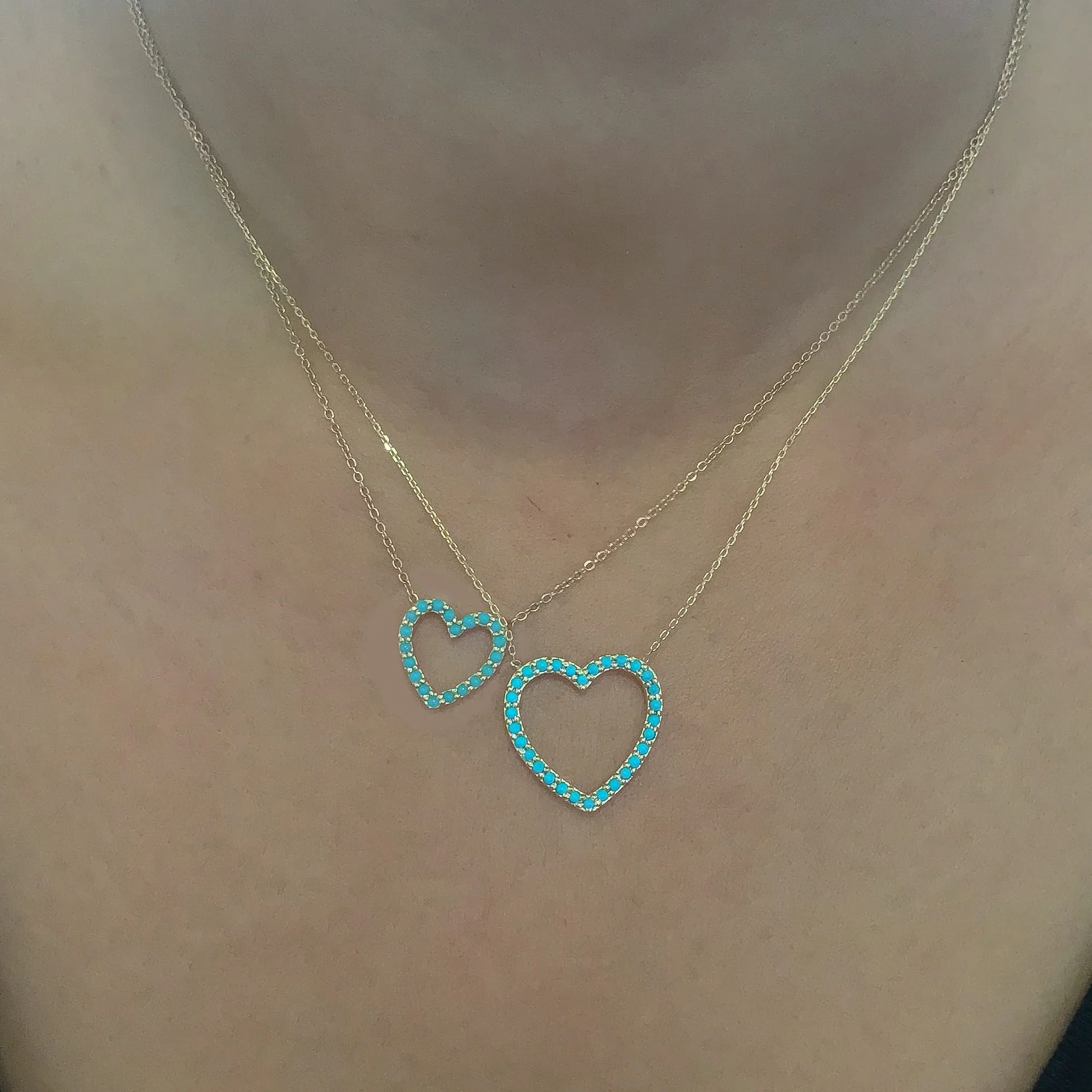 14K Gold Turquoise Heart Shape Frame Necklace, Small Size