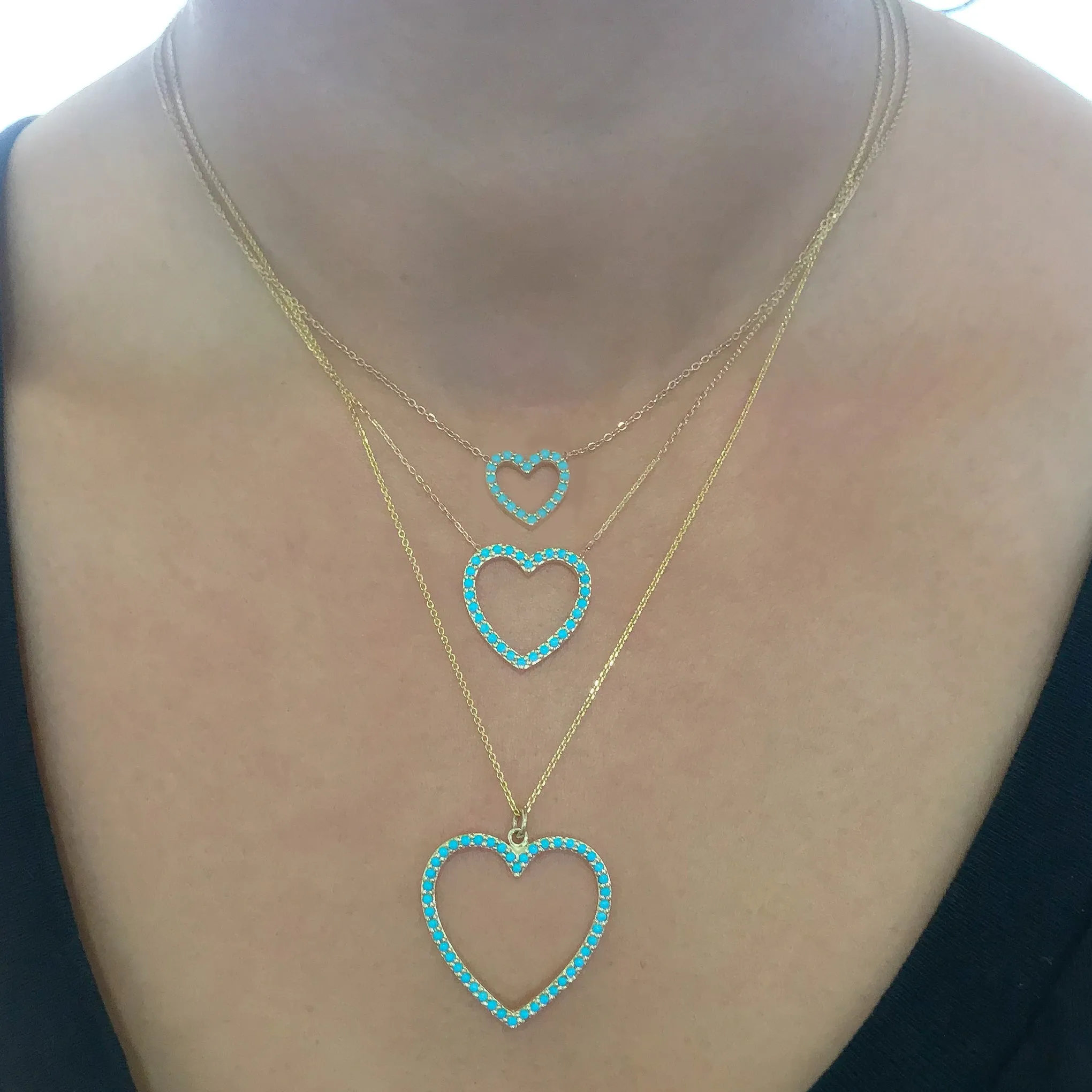 14K Gold Turquoise Heart Shape Frame Necklace, Small Size