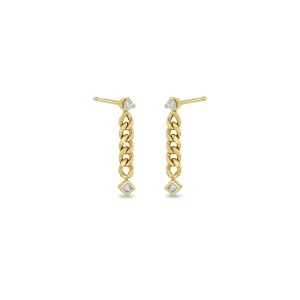 14k Prong & Princess Diamond Small Curb Chain Drop Earrings