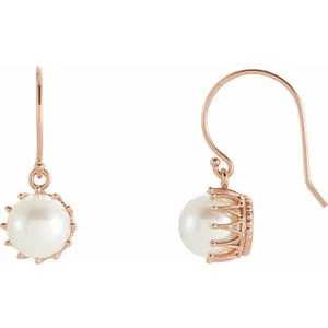 14K Rose 7.5-8 mm Freshwater Cultured Pearl Crown Earrings