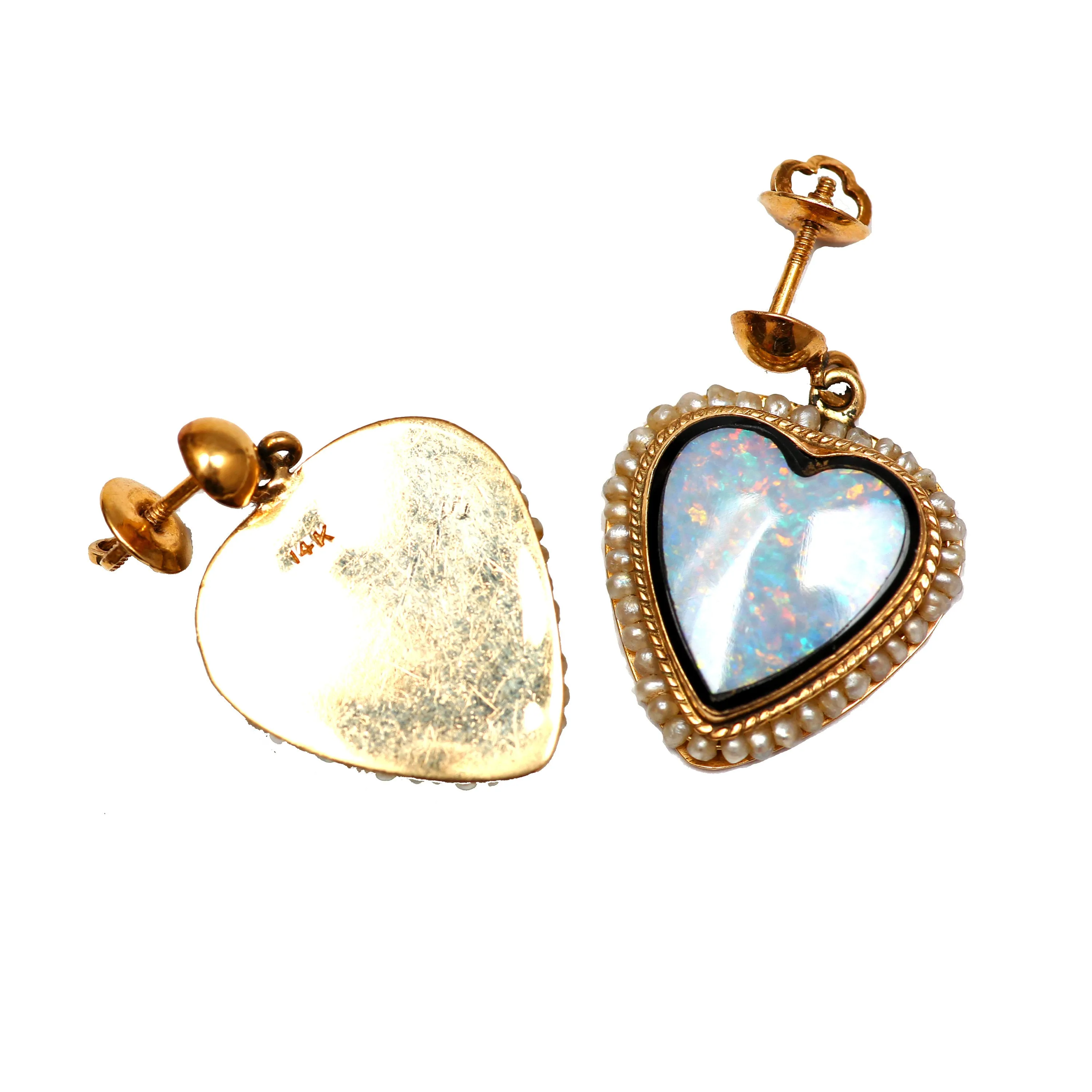 14k Victorian Opal Doublet Heart Earrings