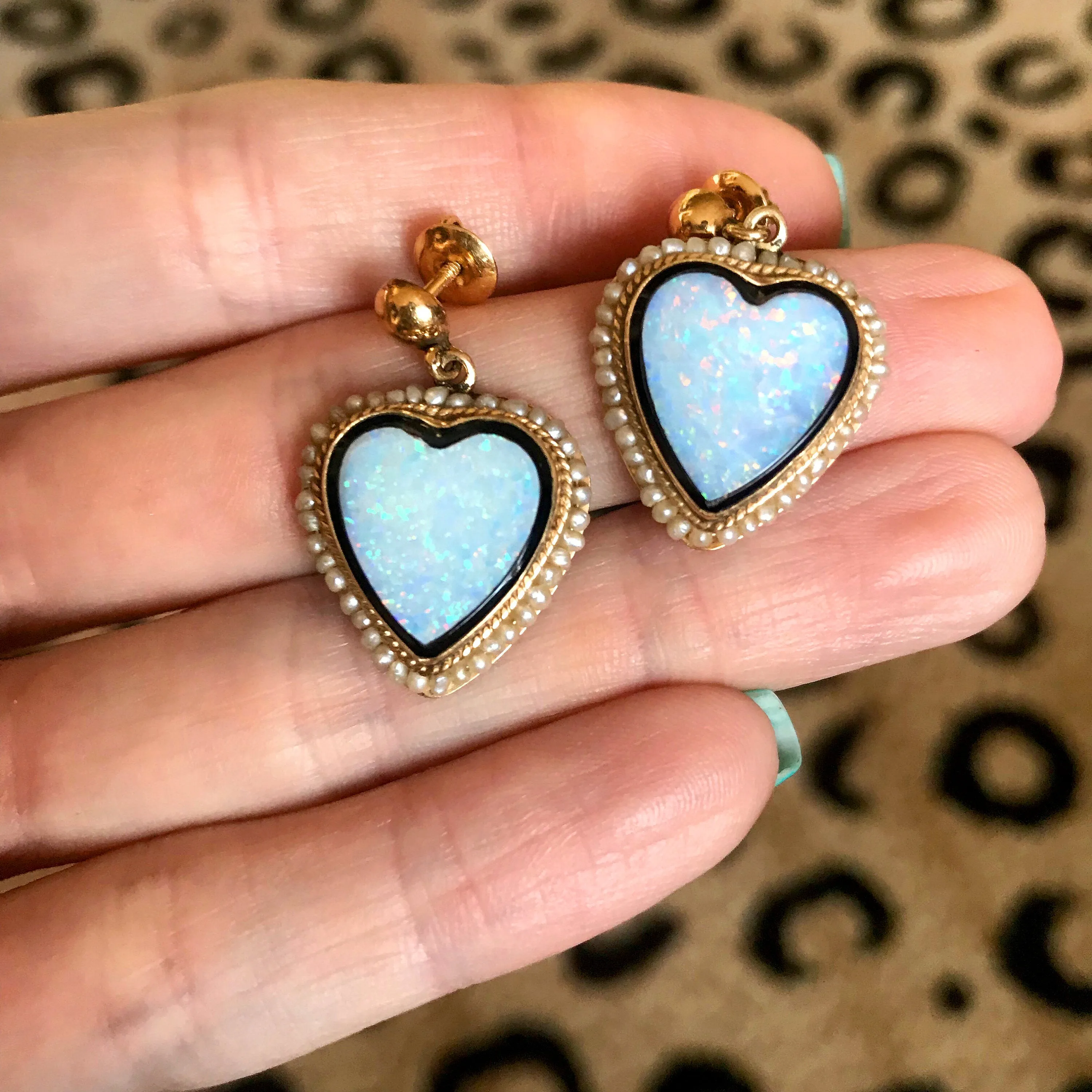 14k Victorian Opal Doublet Heart Earrings