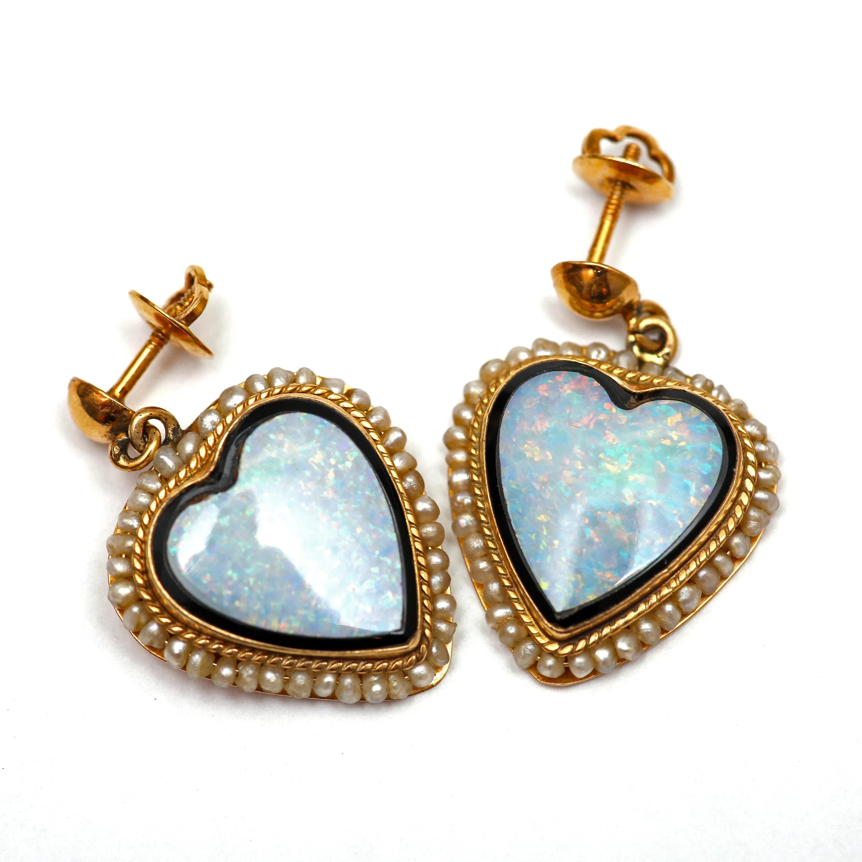 14k Victorian Opal Doublet Heart Earrings