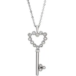 14K White 1/10 CTW Diamond Heart Key 18" Necklace