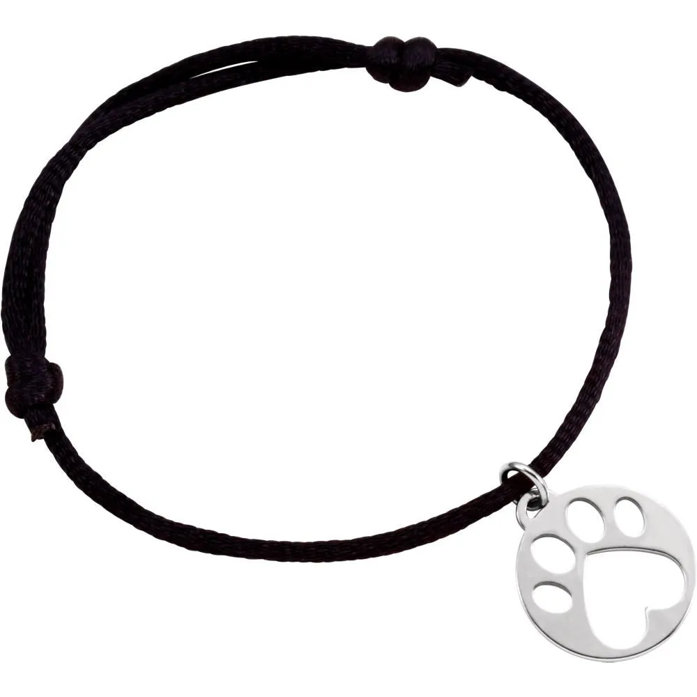 14k White Gold Black Satin Cord Adjustable Bracelet with Paw Charm
