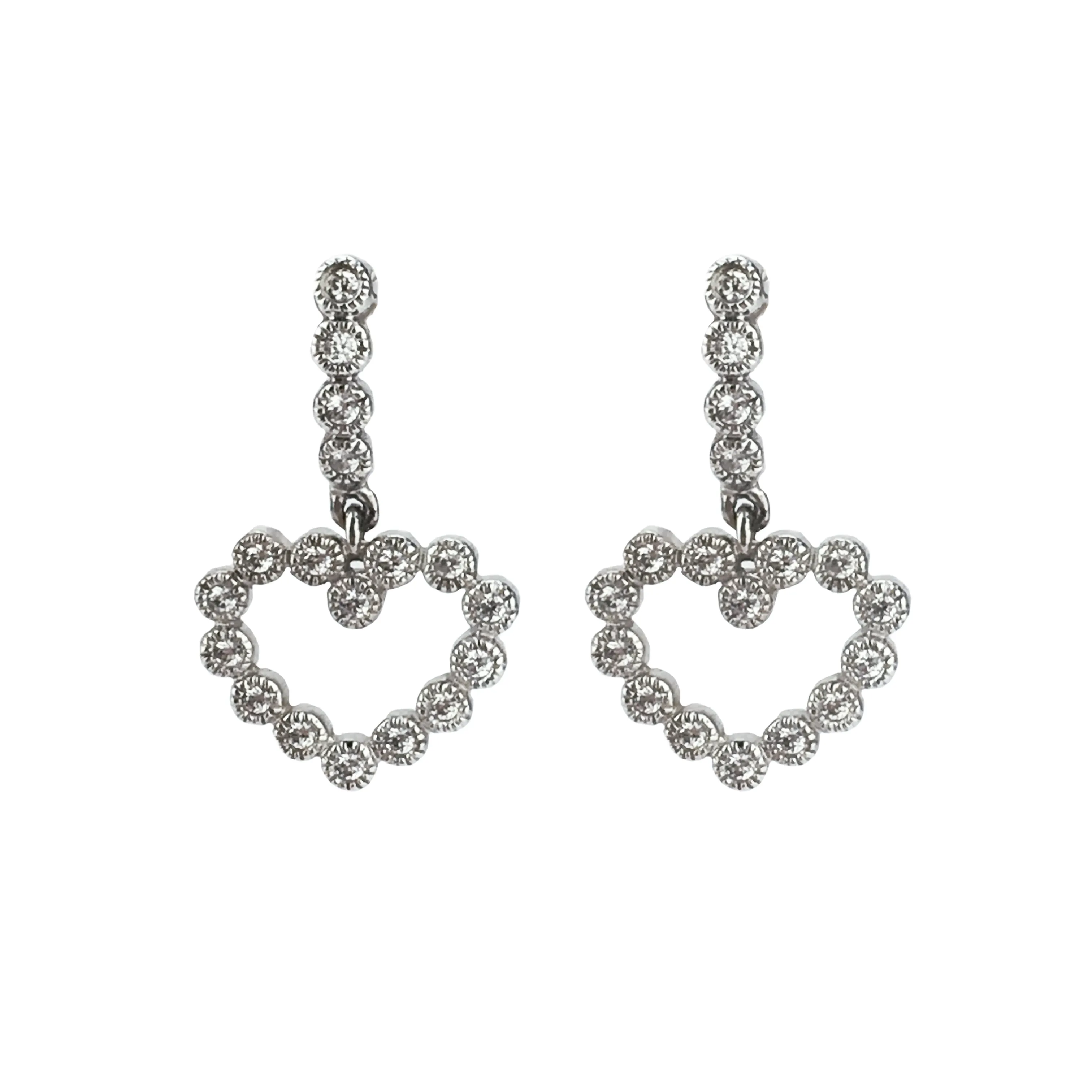 14k White Gold CZ Heart Drop Earrings