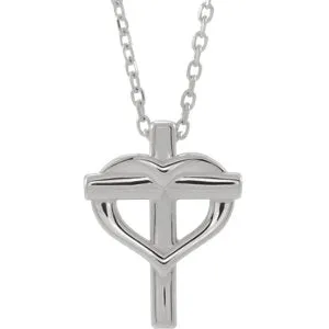14K White Youth Cross with Heart 15" Necklace