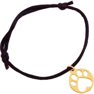 14K Yellow Black Satin Cord Adjustable Bracelet with Paw Charm