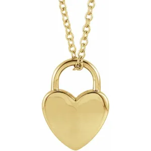 14K Yellow Gold Engravable Heart Lock 16-18" Necklace
