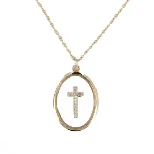 14K Yellow Gold Sapphire Crystal Diamond Cross Pendant Necklace