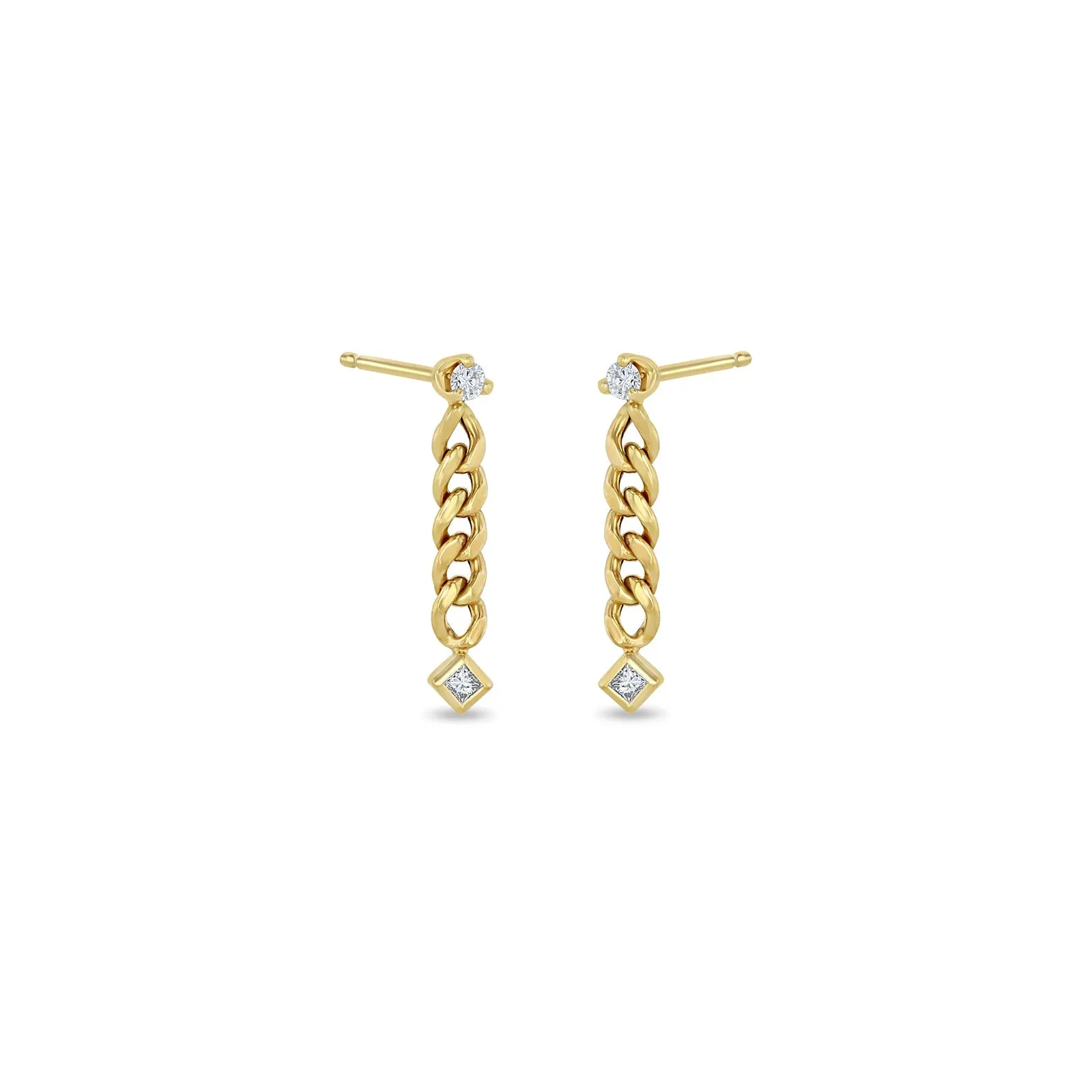 14kt Prong   Princess Diamond Small Curb Chain Drop Earrings