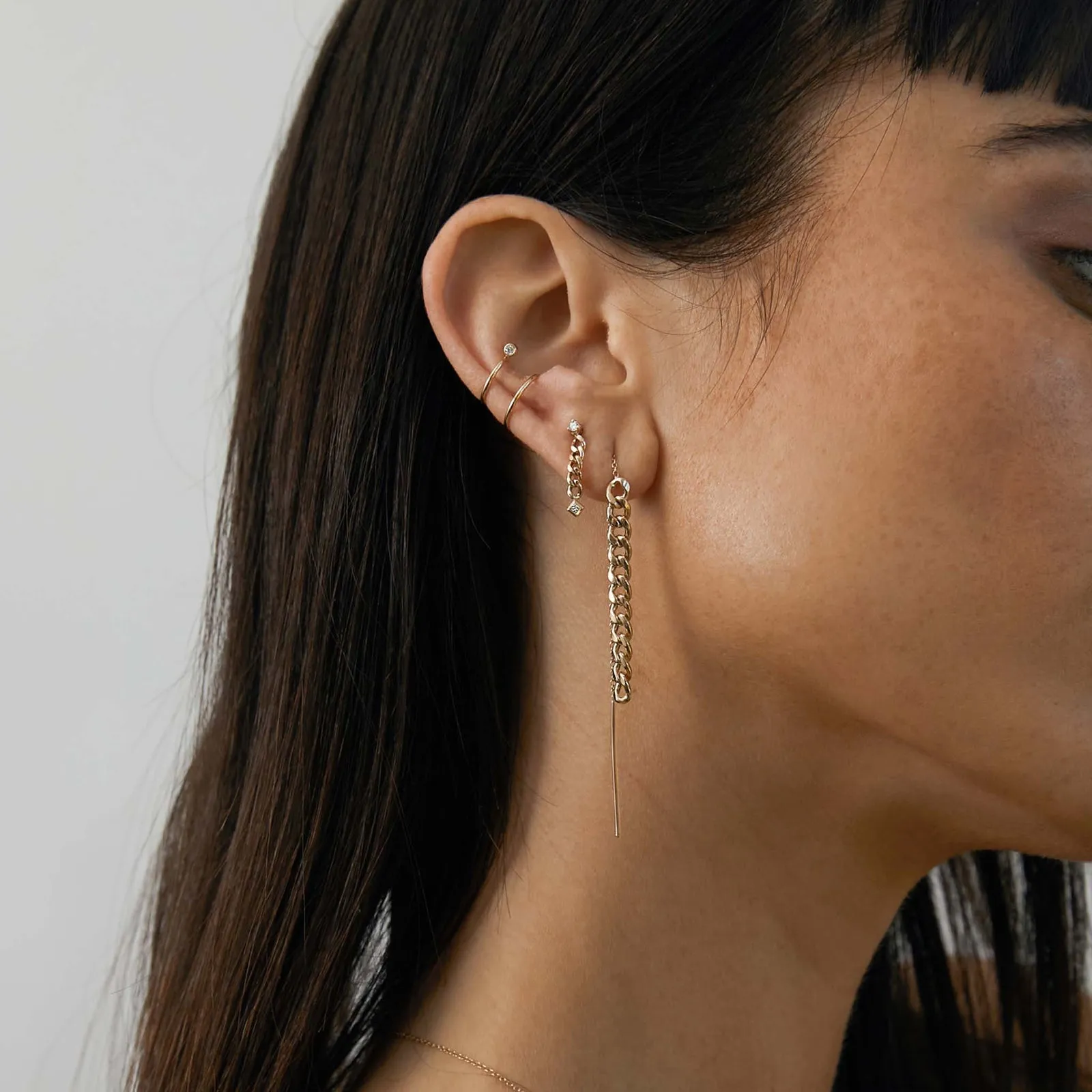 14kt Prong   Princess Diamond Small Curb Chain Drop Earrings