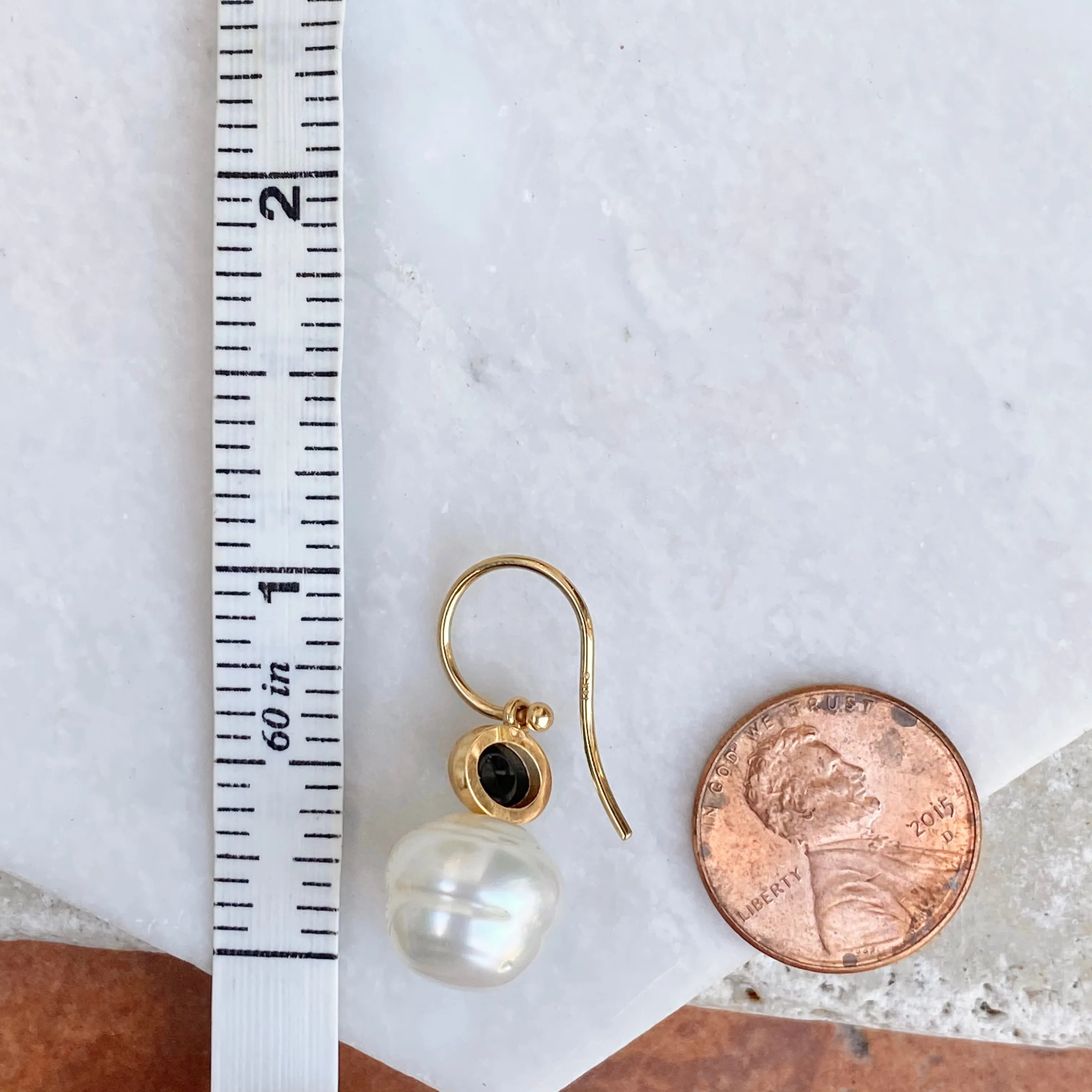 14KT Yellow Gold Black Onyx   11mm Paspaley South Sea Pearl Shepherd Hook Earrings