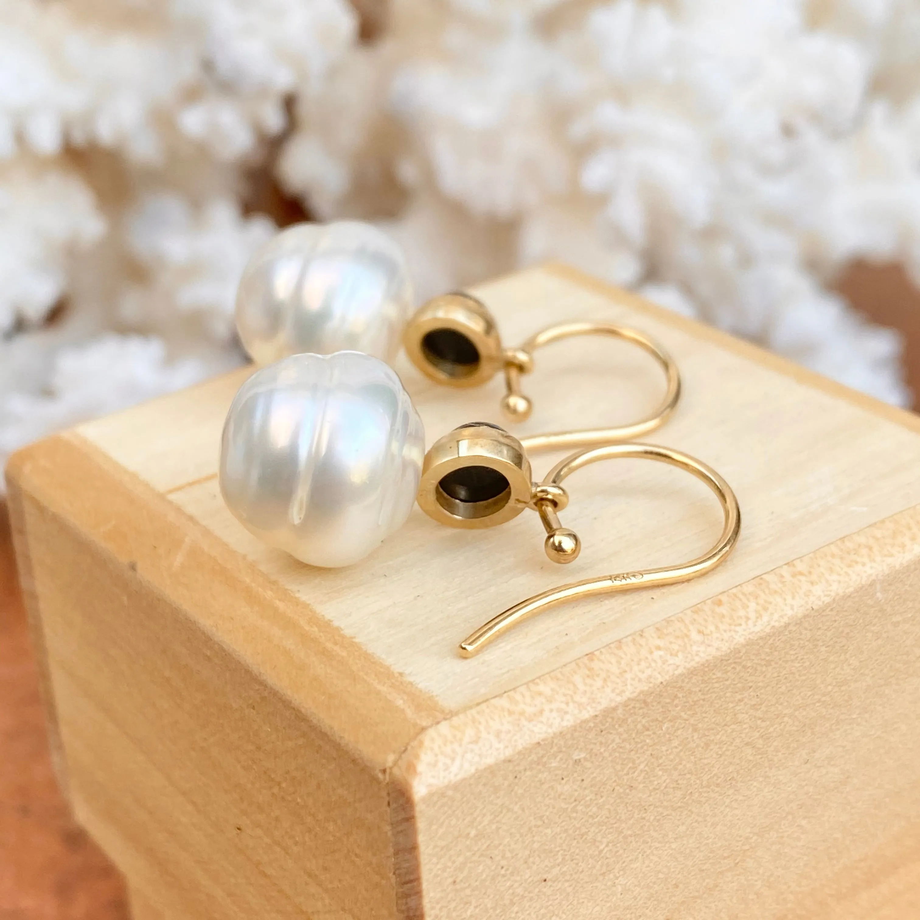 14KT Yellow Gold Black Onyx   11mm Paspaley South Sea Pearl Shepherd Hook Earrings
