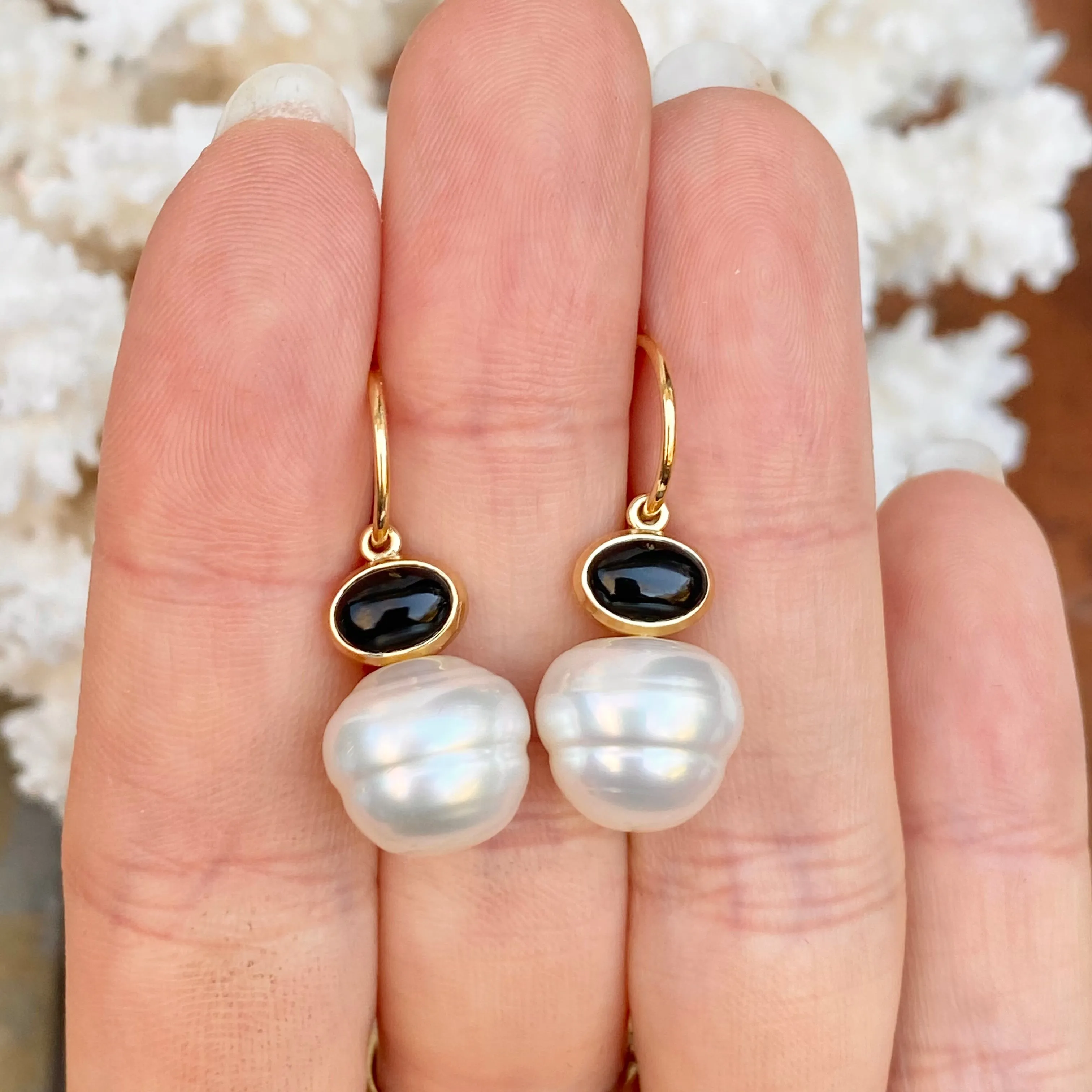 14KT Yellow Gold Black Onyx   11mm Paspaley South Sea Pearl Shepherd Hook Earrings