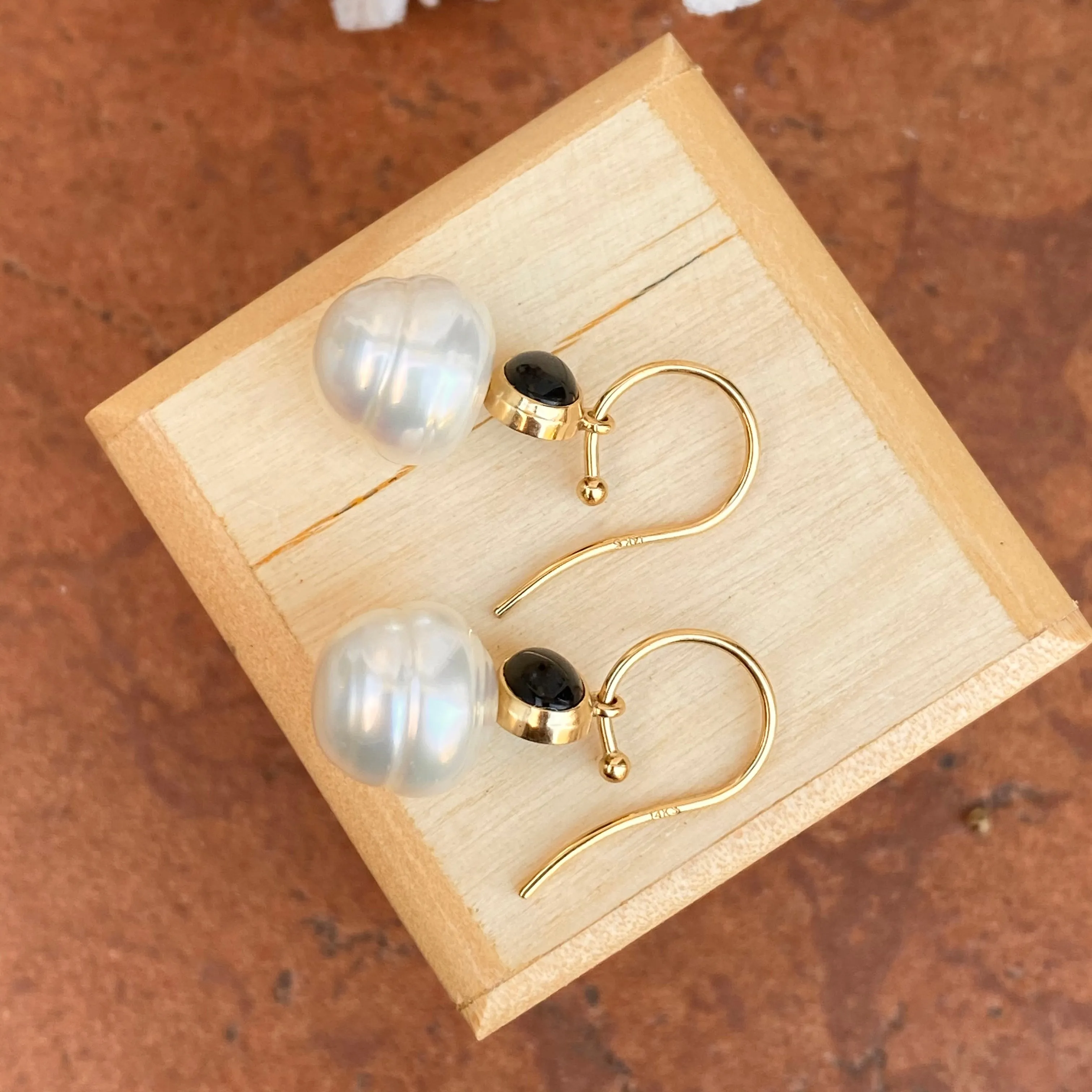 14KT Yellow Gold Black Onyx   11mm Paspaley South Sea Pearl Shepherd Hook Earrings