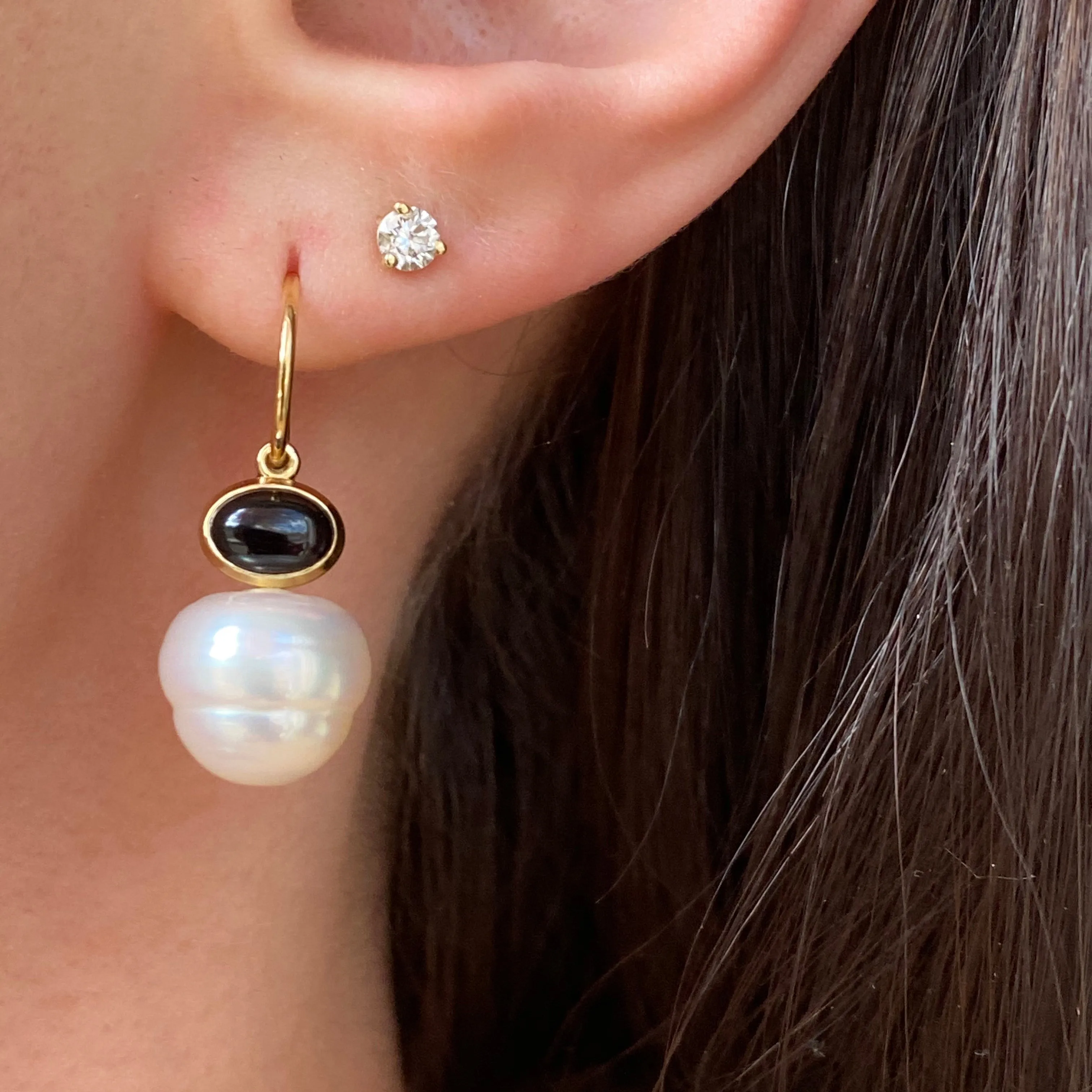 14KT Yellow Gold Black Onyx   11mm Paspaley South Sea Pearl Shepherd Hook Earrings