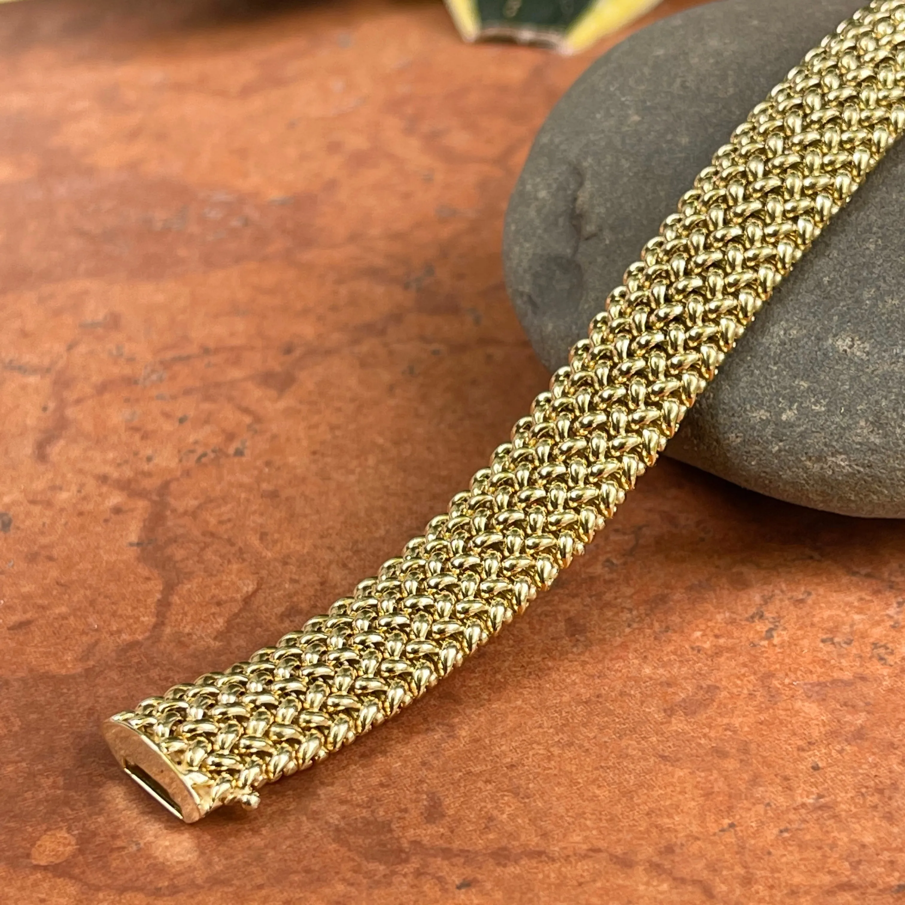 14KT Yellow Gold Mesh Soft Link Wide Band Bangle Bracelet 15mm