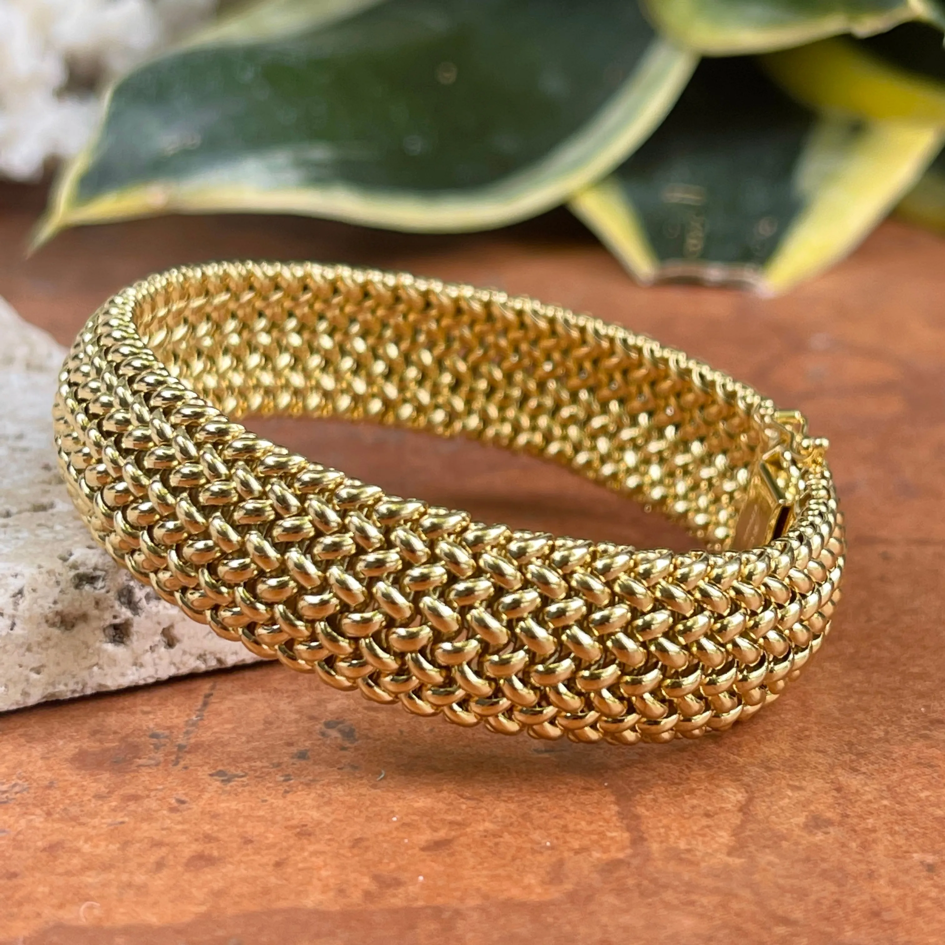 14KT Yellow Gold Mesh Soft Link Wide Band Bangle Bracelet 15mm