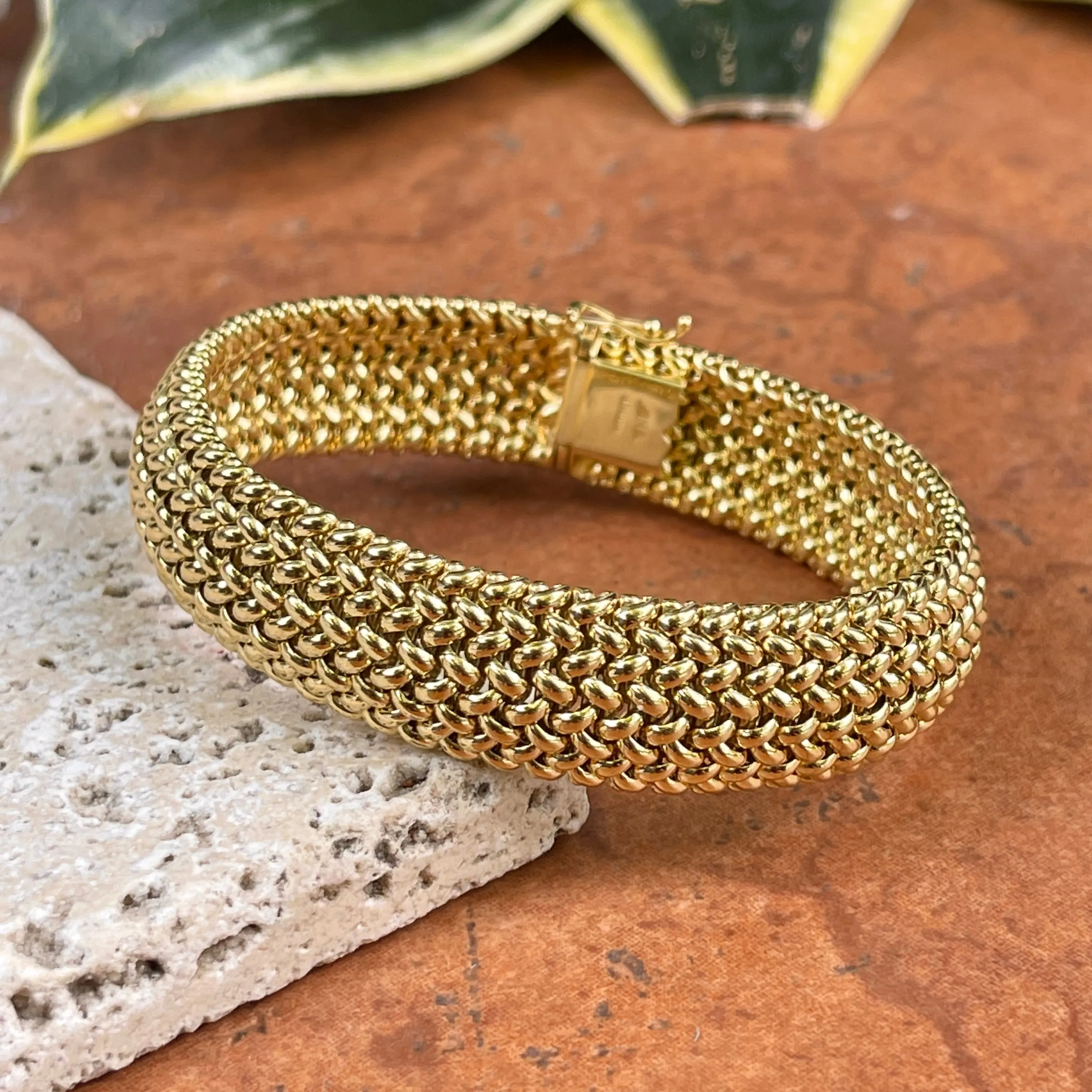 14KT Yellow Gold Mesh Soft Link Wide Band Bangle Bracelet 15mm