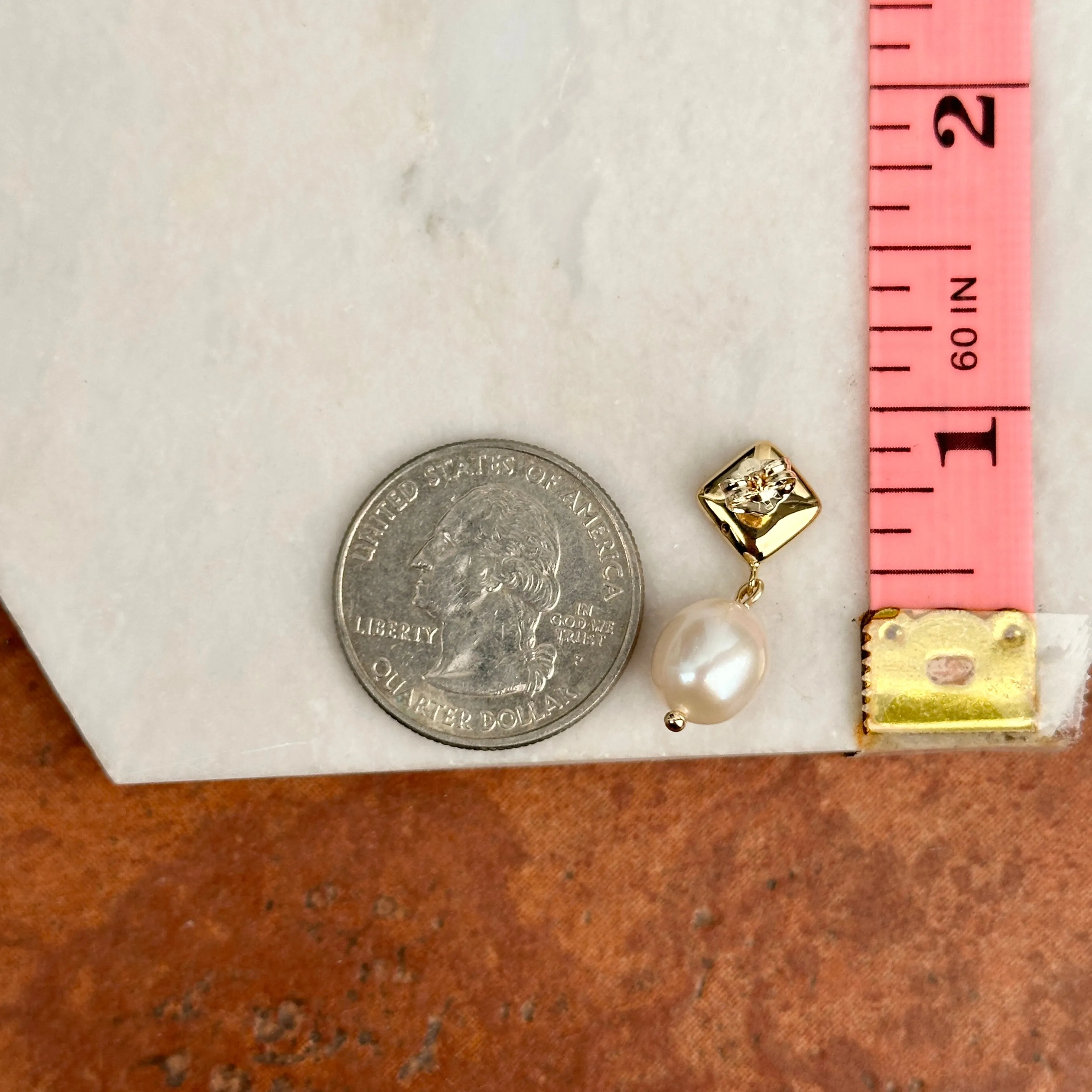 14KT Yellow Gold Ribbed Square Drop Pearl Earrings