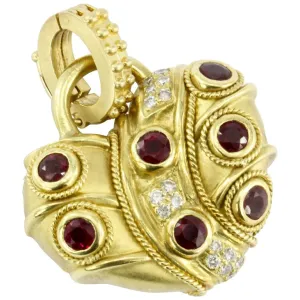 18K Brushed Yellow Gold Natural Sapphire Natural Ruby and Diamond Heart Shaped Enhancer Pendant