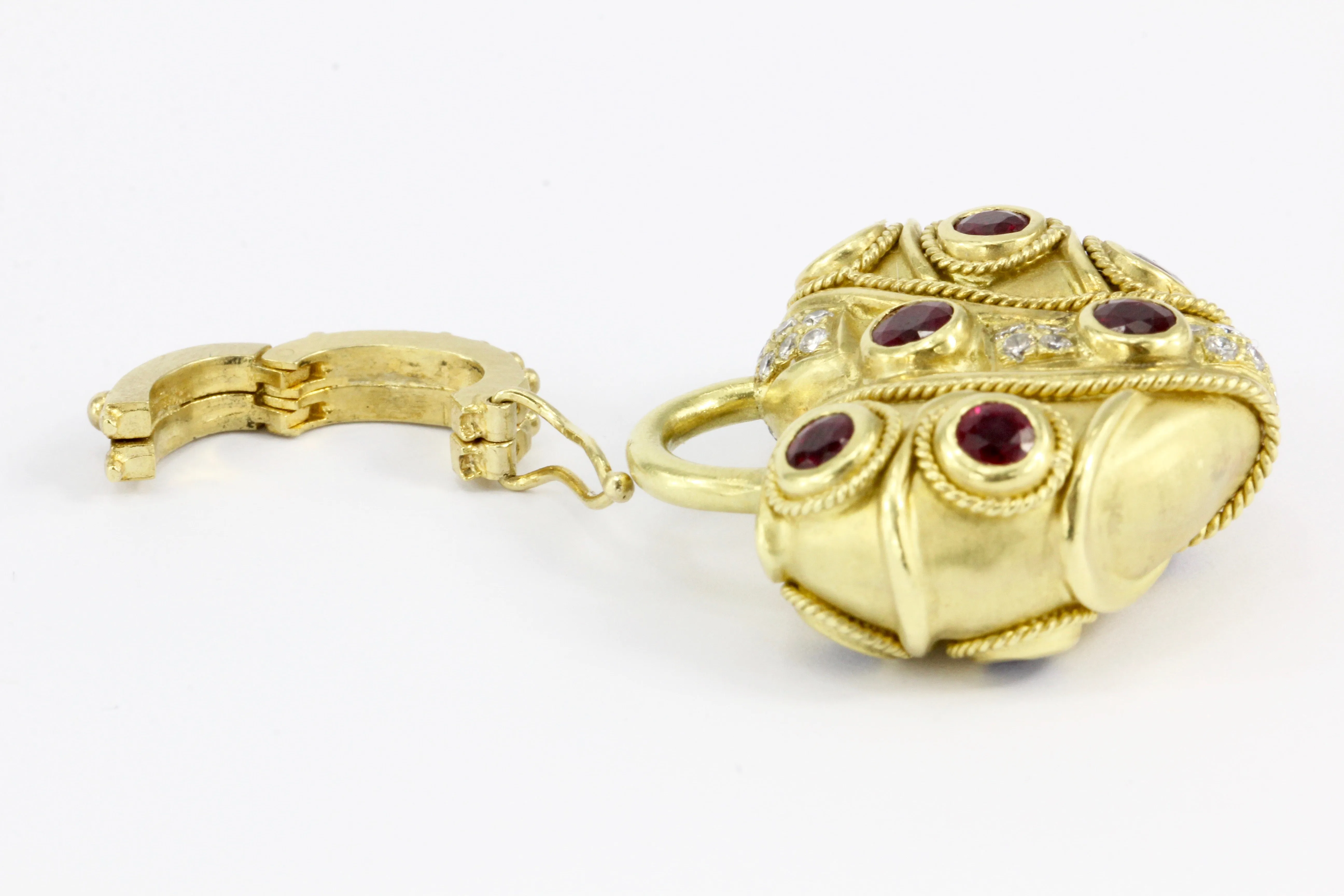18K Brushed Yellow Gold Natural Sapphire Natural Ruby and Diamond Heart Shaped Enhancer Pendant