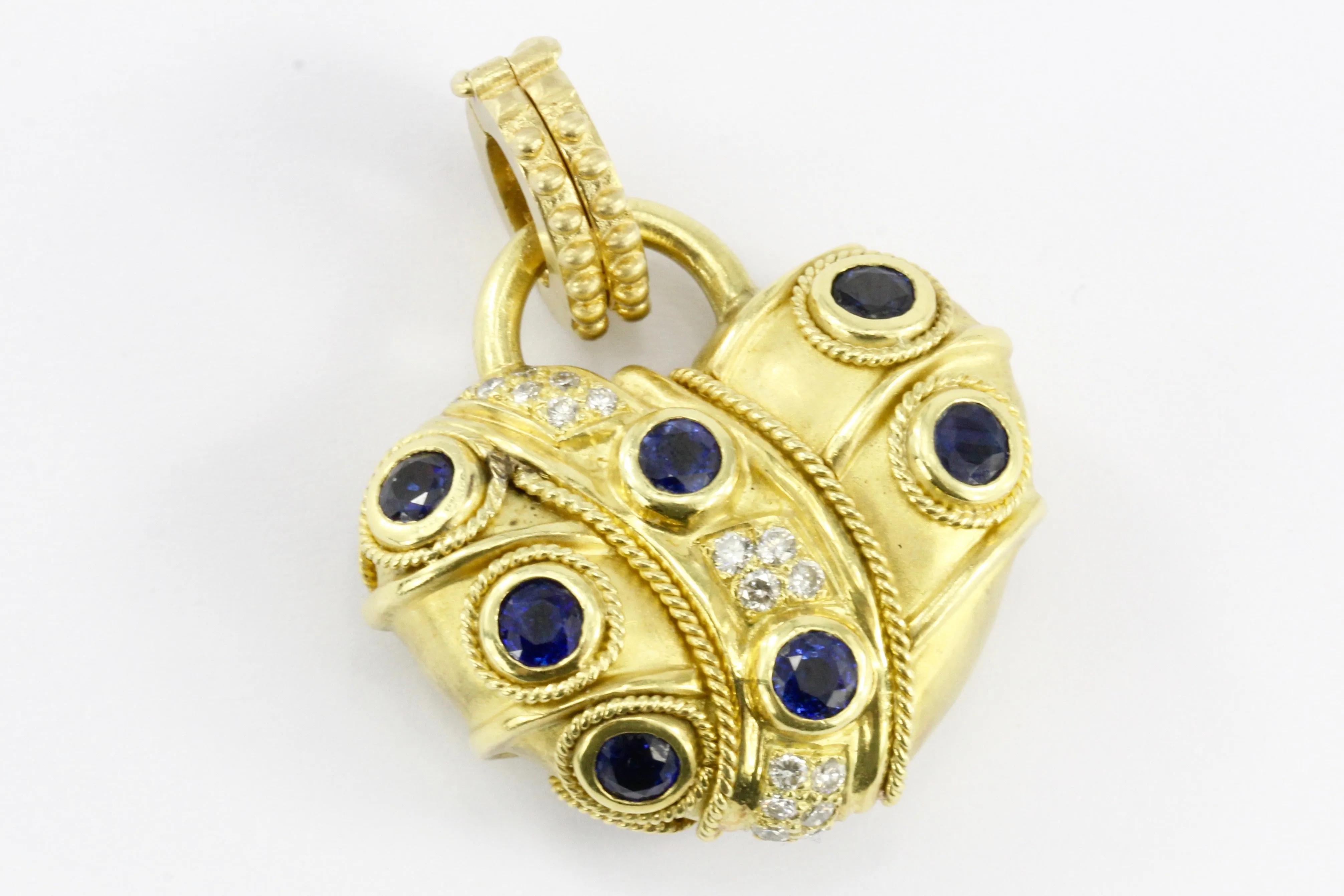 18K Brushed Yellow Gold Natural Sapphire Natural Ruby and Diamond Heart Shaped Enhancer Pendant