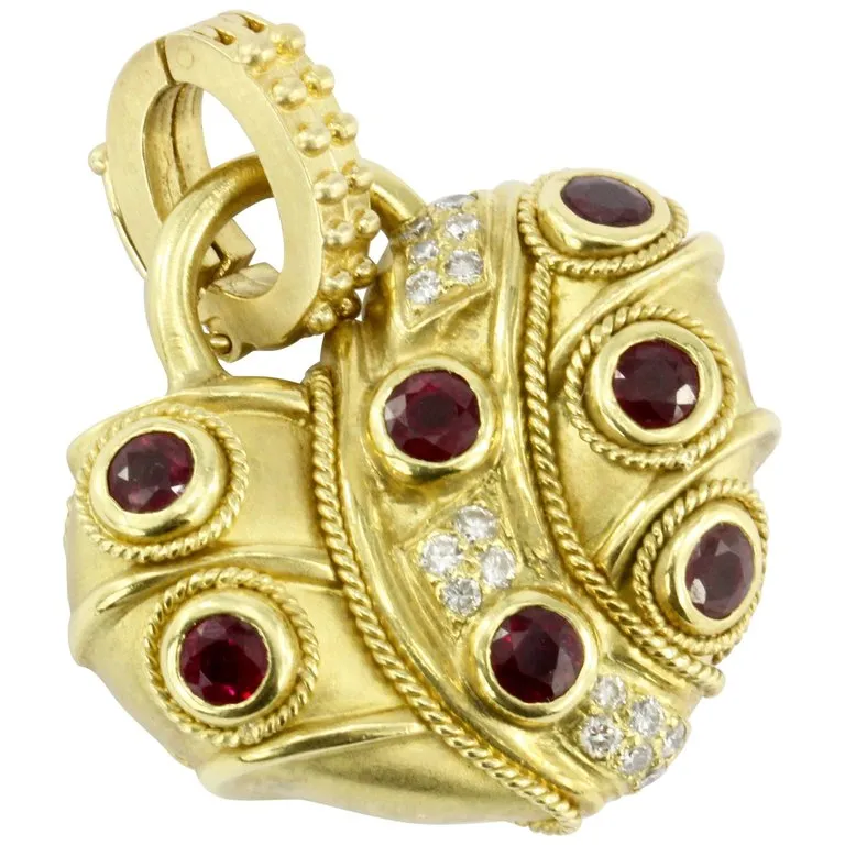 18K Brushed Yellow Gold Natural Sapphire Natural Ruby and Diamond Heart Shaped Enhancer Pendant