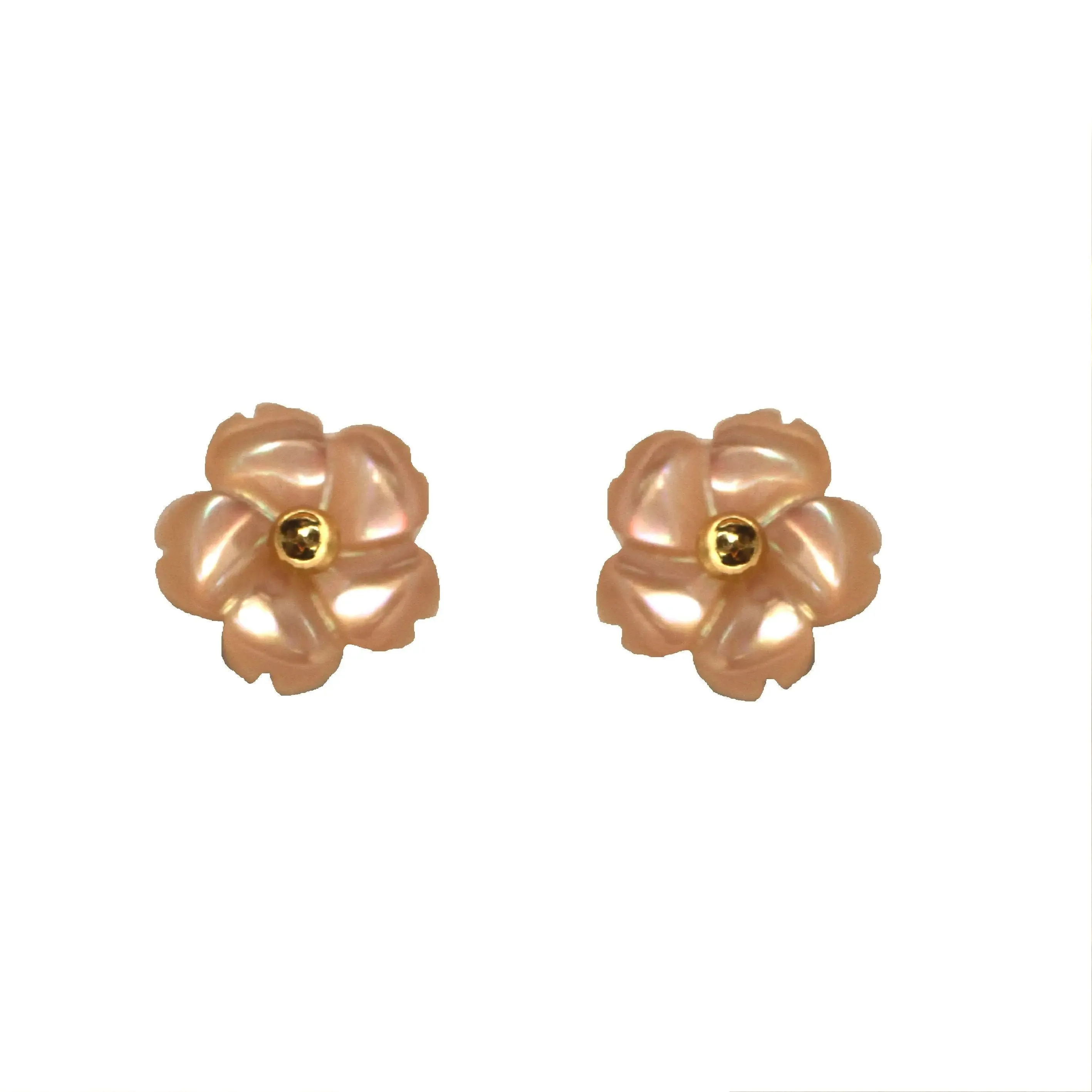 18K Gold Pink Mother of Pearl Flower Screwback Earrings