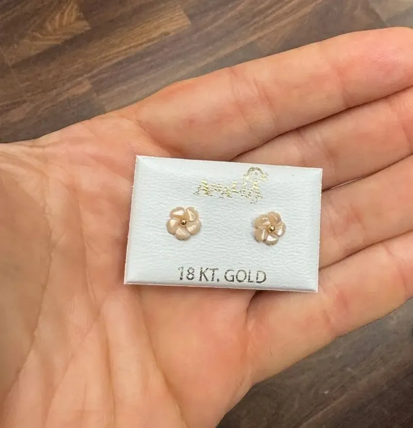 18K Gold Pink Mother of Pearl Flower Screwback Earrings