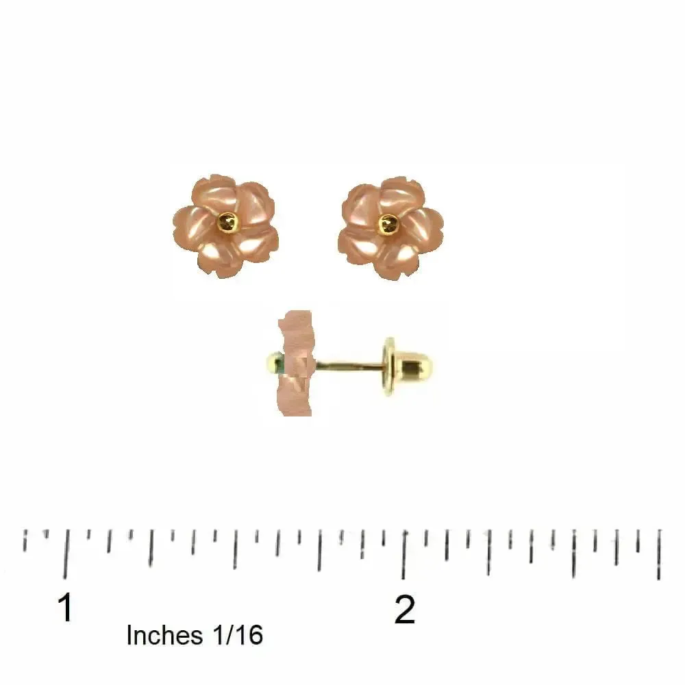 18K Gold Pink Mother of Pearl Flower Screwback Earrings