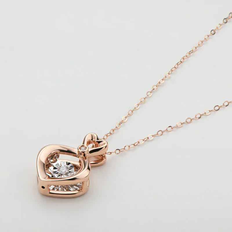 18K Rose Gold 0.02ct Real Diamond Heart Shaped Dancing Pendant Necklace