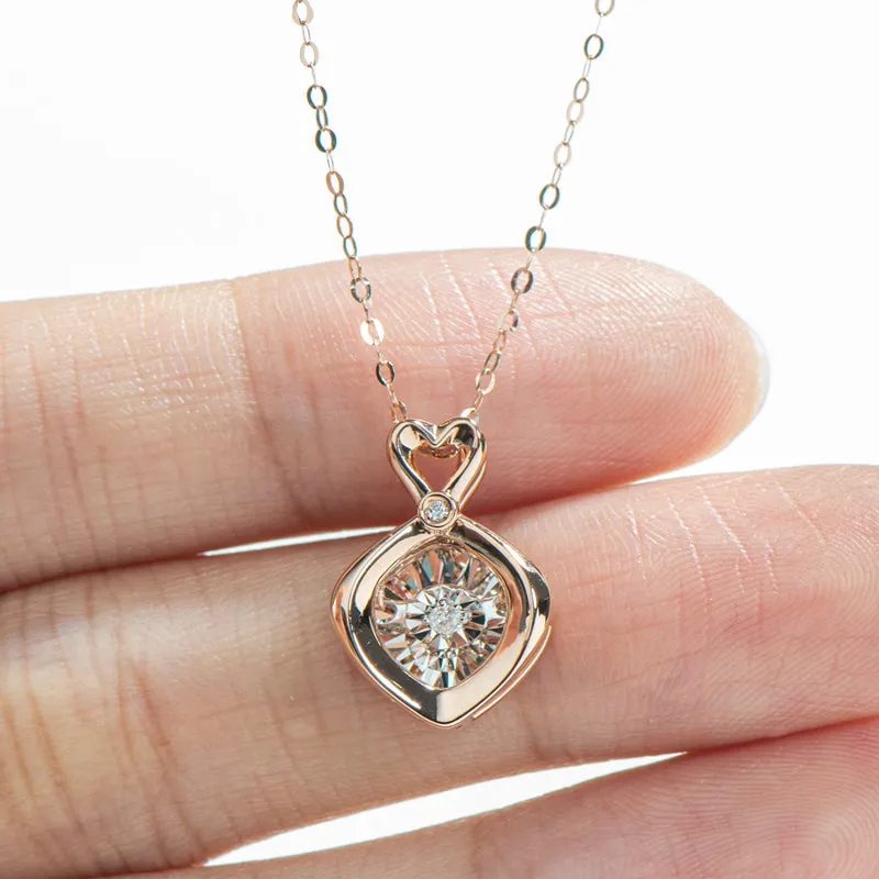 18K Rose Gold 0.02ct Real Diamond Heart Shaped Dancing Pendant Necklace