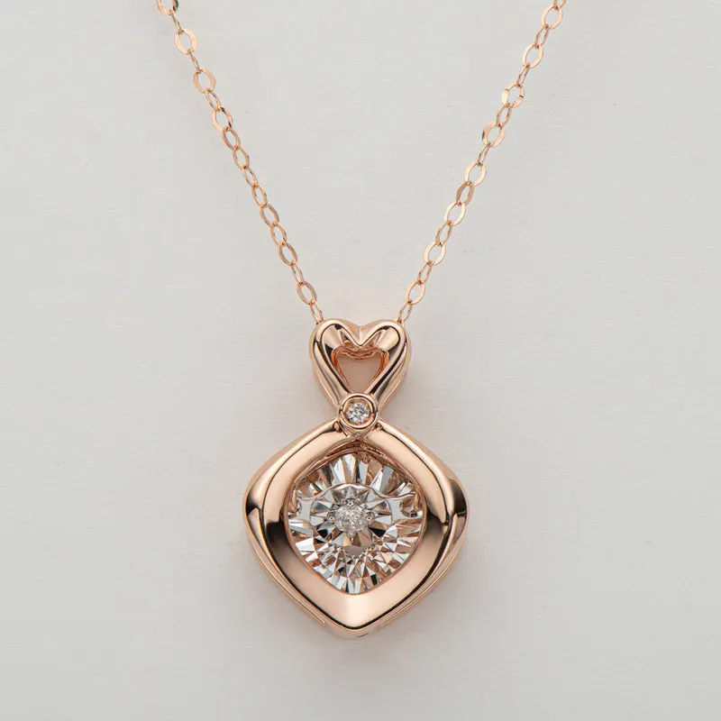 18K Rose Gold 0.02ct Real Diamond Heart Shaped Dancing Pendant Necklace