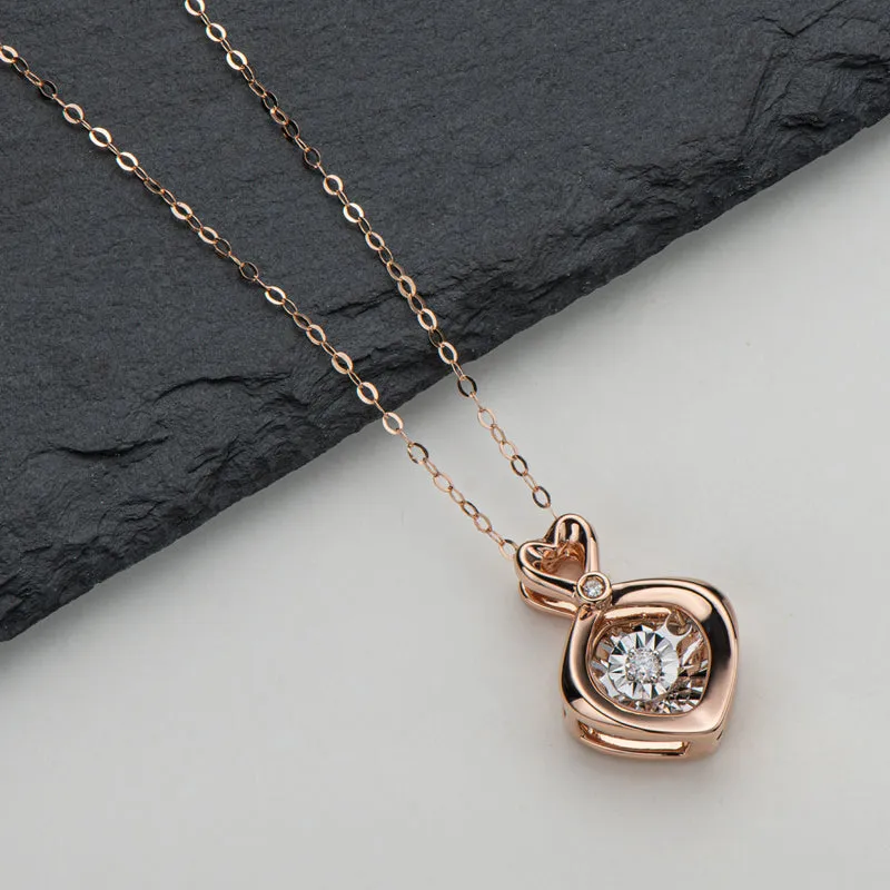 18K Rose Gold 0.02ct Real Diamond Heart Shaped Dancing Pendant Necklace